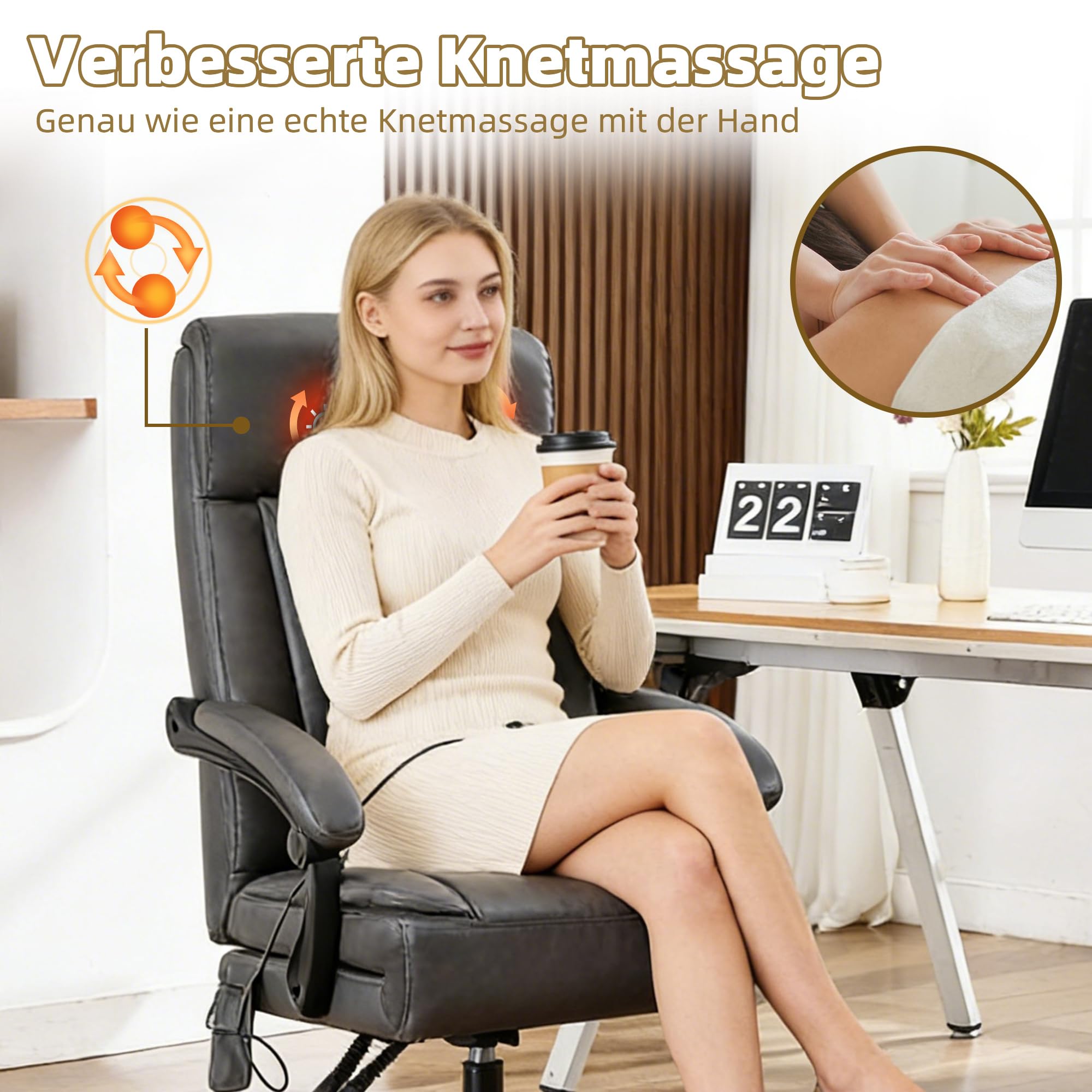 Bürostuhl mit Massage, Ergonomischer Kunstleder Chefsessel mit 135° Liegefunktion, Höhenverstellbar Drehstuhl mit Klappbarer Sitzfläche, Gepolstertem Lendenkissen Schreibtischstuhl (Schwarz)