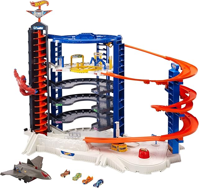 Hot Wheels FDF25 - Super Megacity garaż parkingowy, garaż i domek parkowy z gorylem i samolotem do +140 zabawkowych samochodów wraz z 4 samochodami, ok. 107 cm wysokości, zabawka od 5 lat