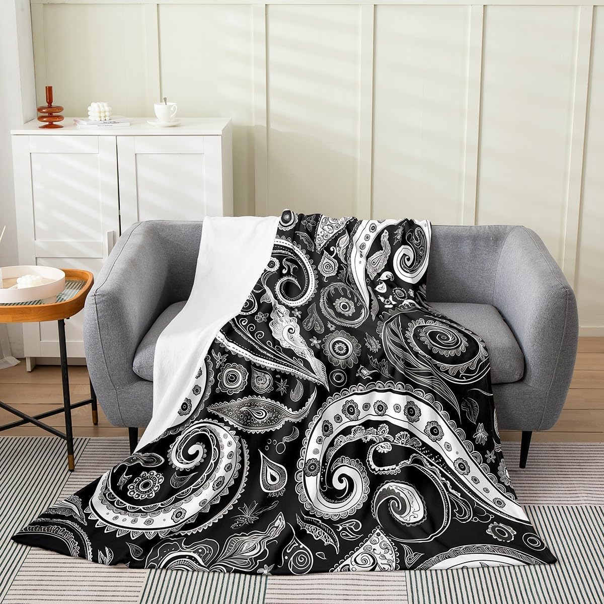 jejeloiu Paisley Plush Throw Blanket Luxury Vintage Floral Flannel Blanket Twin 60"x80" Boho All Season 70S Hippie Groovy Flowers Bohemian for Couch Bed Sofa Balck Gray Bedroom Decor