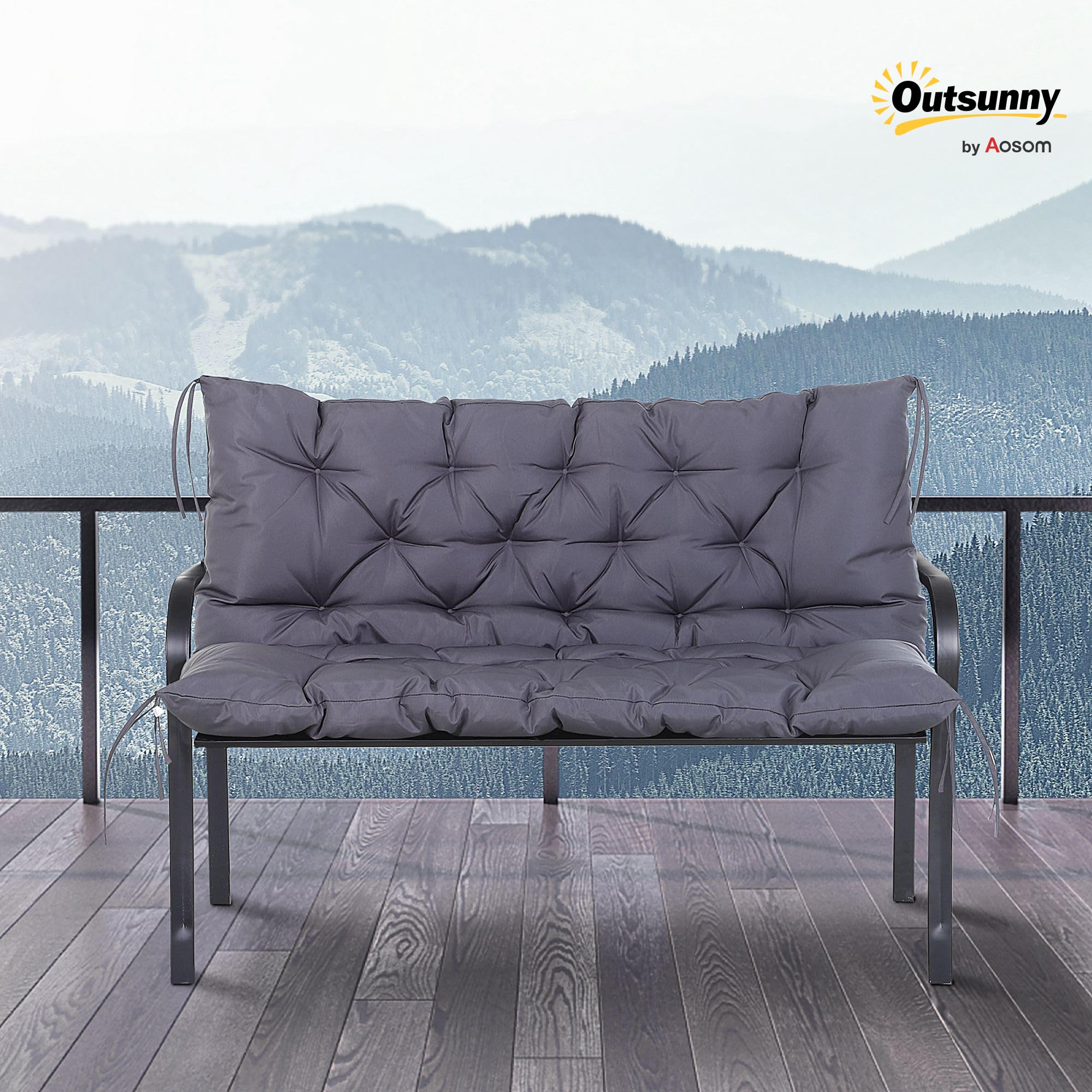 Outsunny Cuscino da Giardino 2 Posti per Sedute da Esterno con Schienale e 6 Lacci, Cuscino da Esterno Imbottito in Cotone e Poliestere, per Divani Dondoli Panche, 132x110x10 cm, Grigio Scuro