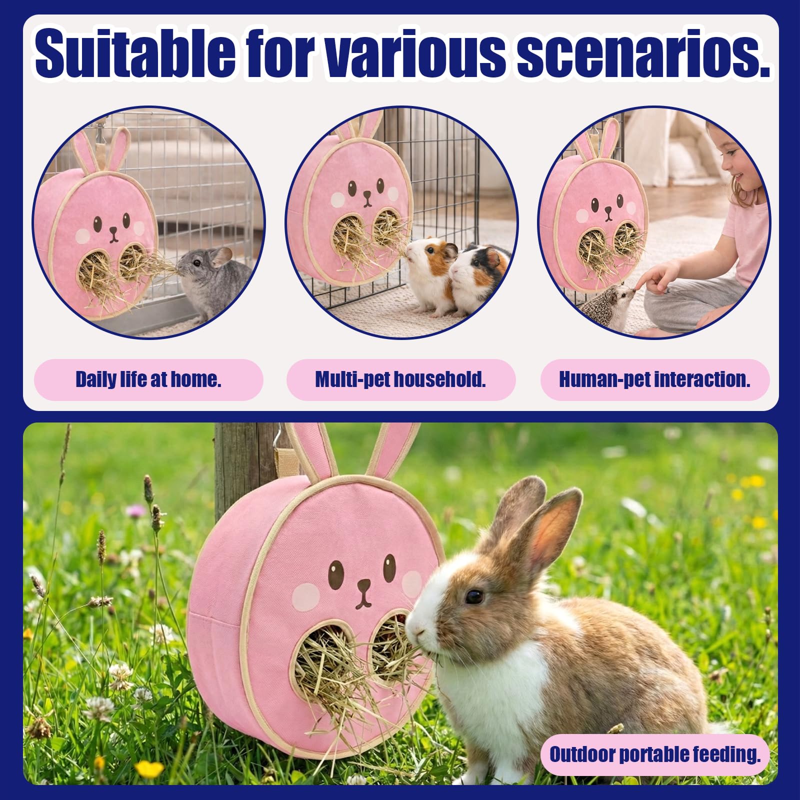 Colemumone Cute Bunny Face Rabbit Hay Feeder Bag, 2 Holes Hanging Hay Holder for Guinea Pig Cage, Durable Oxford Fabric Hay Dispenser for Chinchillas, Hamsters & Small Animals, Pink - image 4