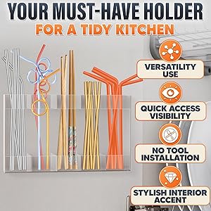 9.5" Large Acrylic Straw Holder for Cabinet Door with Stickers Peel and Stick Straw Holder for Drawer, for Straws, Makeup Brushes, Kitchen Utensils Includes Strong Adhesive Tape for Easy Mounting