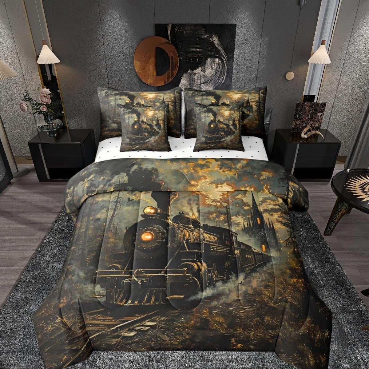 7 Pieces Twin Size Train Comforter Set,Retro Choochoo Steam Locomotive Train Bedding Set for Boys Girls,Gothic Bell Tower Castle (Comforter+Fitted+