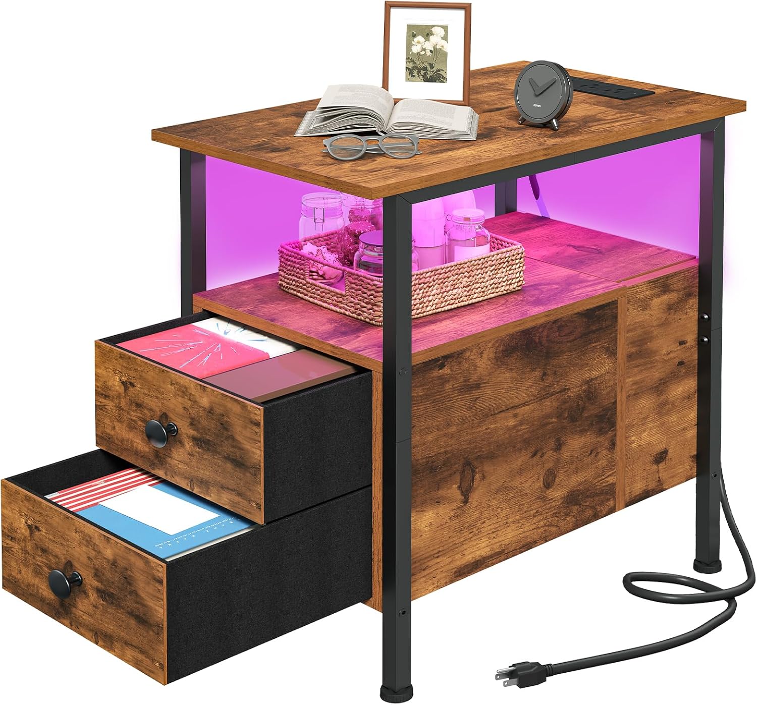 HOOBRO End Table with Charging Station & Led Light, Narrow Side Table with 2 Drawers & USB Ports & Power Outlets, Nightstand for Small Spaces, for Living Room, Bedroom, Rustic Brown Black BF436UDBZ01