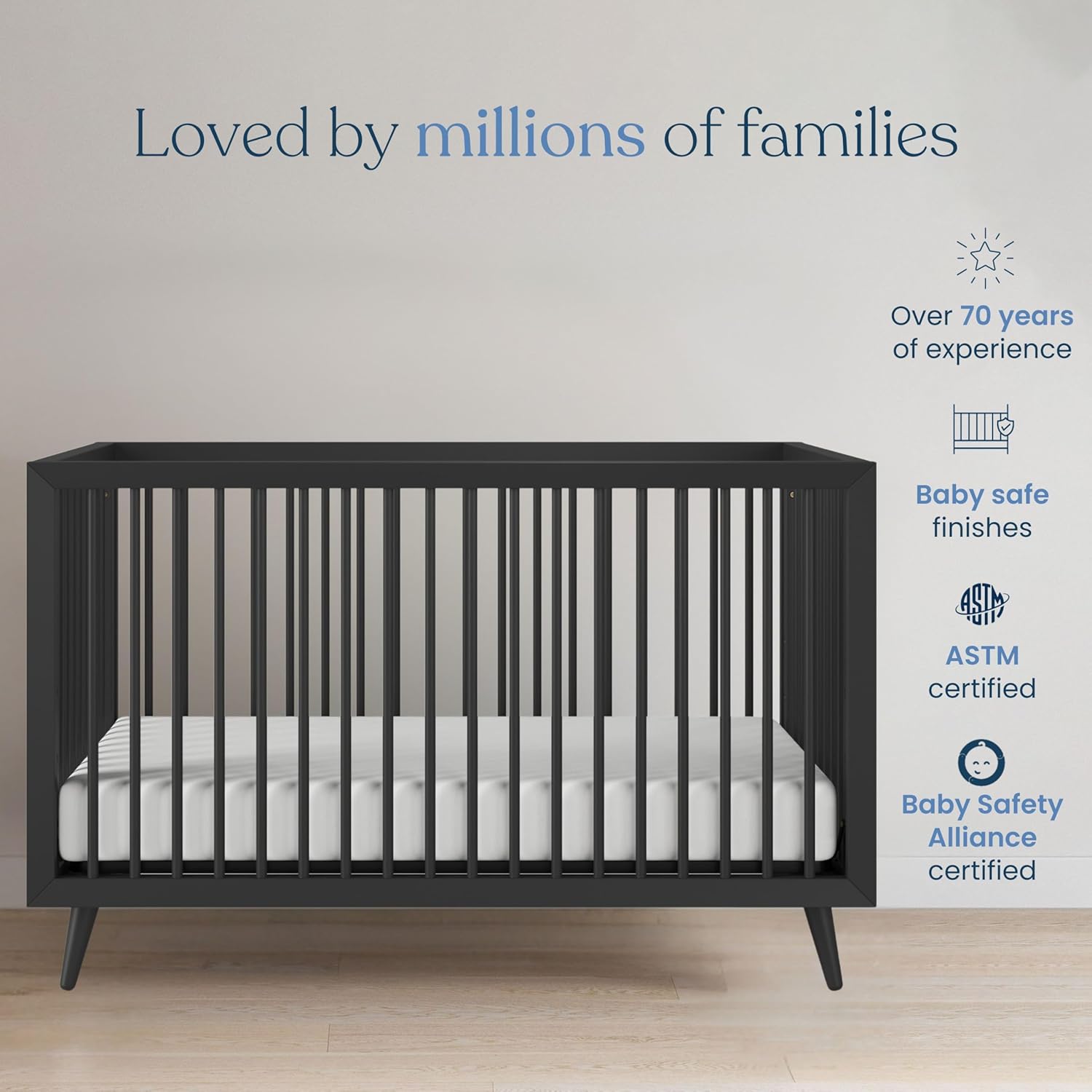 Child Craft Cranbrook 4-in-1 Convertible Baby Crib, Mid-Century Modern Nursery Furniture Converts to Toddler Bed Daybed & Full-Size Bed, Adjustable Mattress Heights, Baby Safe Finish (Ebony) | 4-in-1 Crib, Baby Safe Finish, Adjustable