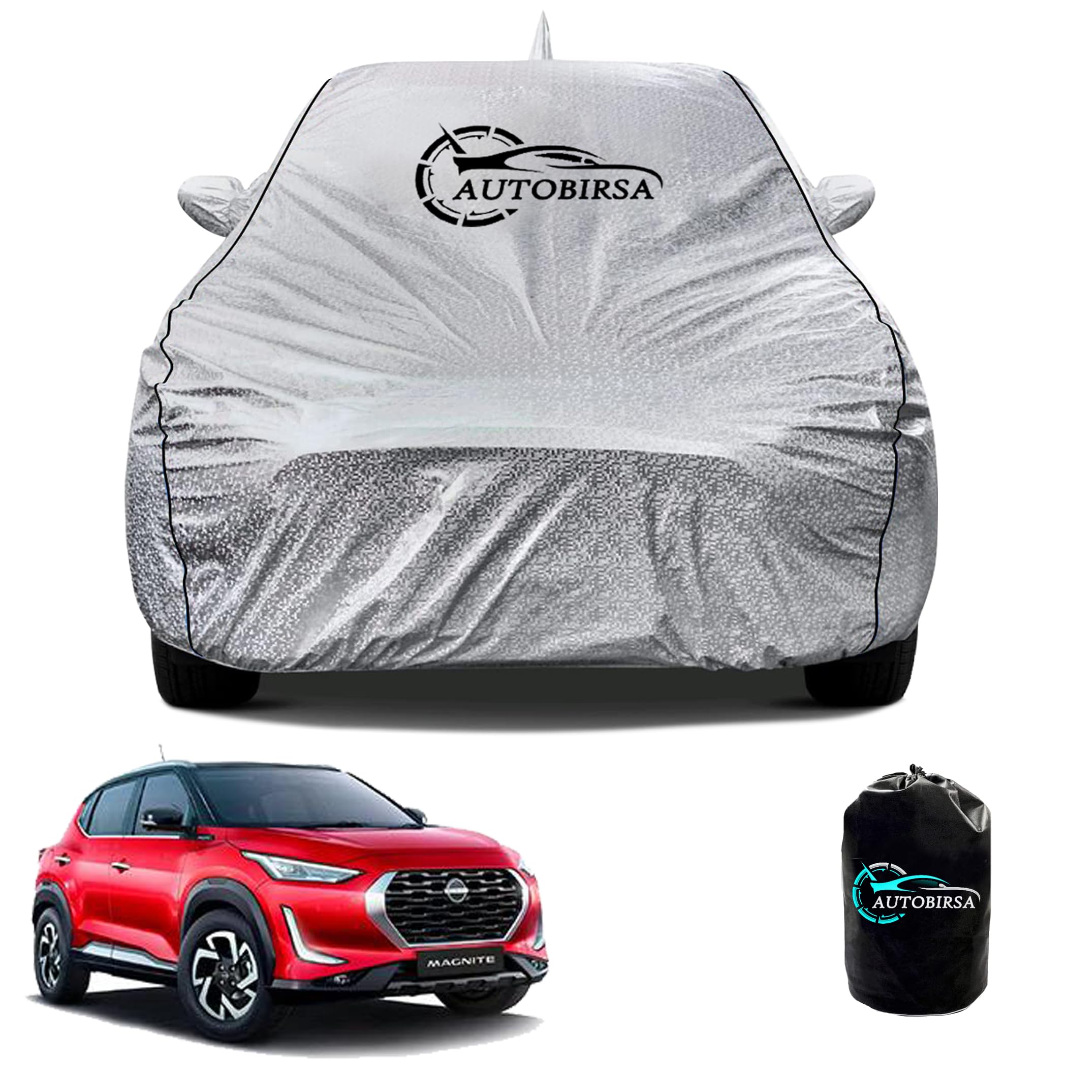 AUTOBIRSA Waterproof Car Body Cover for Nissan Magnite with Mirror and Antenna Pocket and Soft Cotton Lining (4 Side Elastic Triple Stitched & Metallic Silver with Black Piping Style)