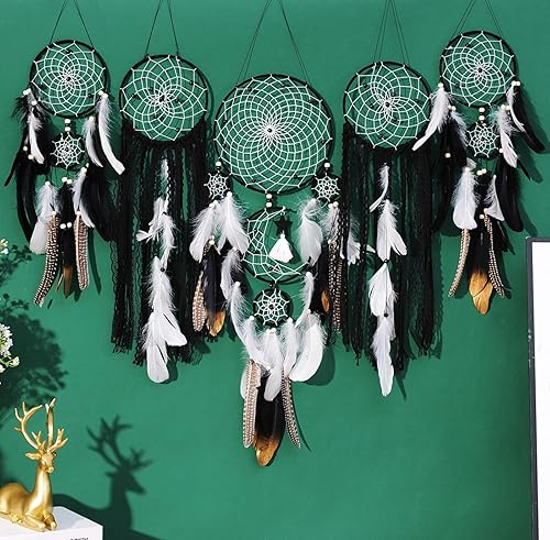 Paquete de 5 atrapasueños para decoración de pared, diseño bohemio de luna y sol, hecho a mano, tradicional, atrapasueños, decoración para colgar en