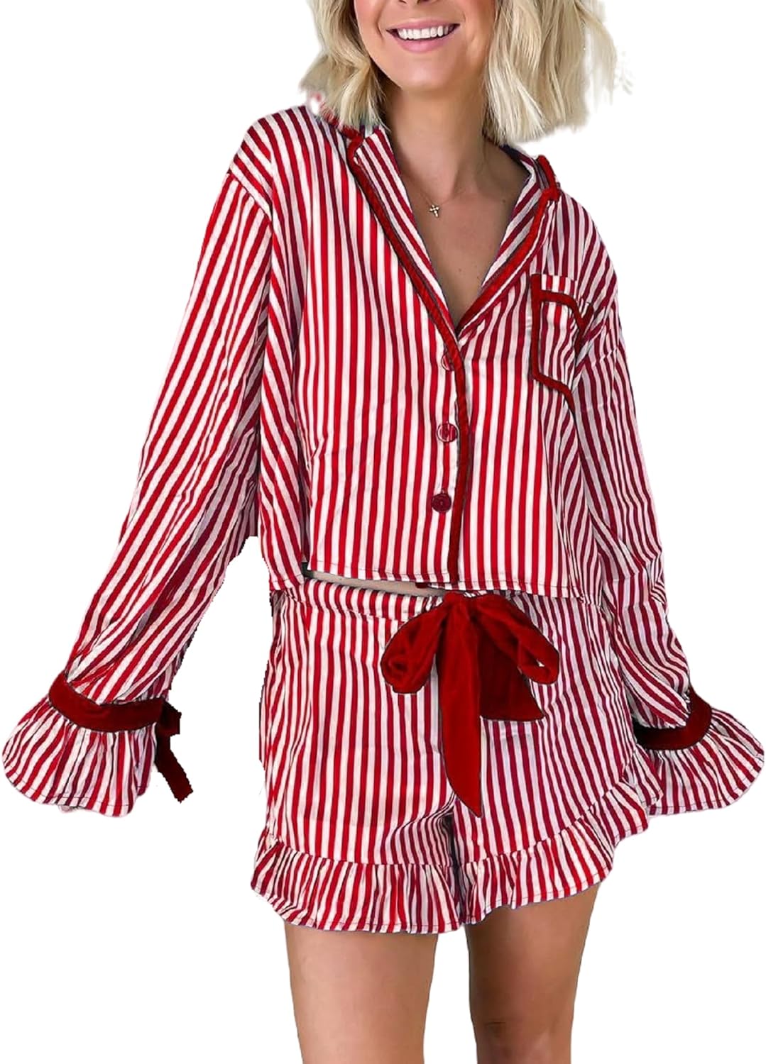Faretumiya Women Striped Christmas Pajamas Velvet Bow Tie Pjs Long Sleeve Button Shirt Ruffle Shorts Satin Pj Set Sleepwear