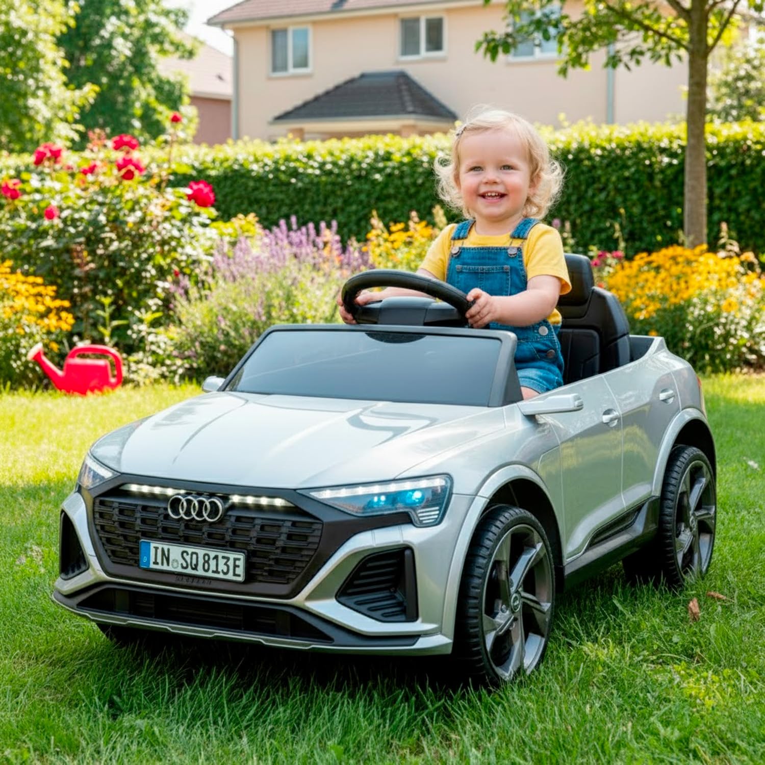 BRICOZONE Auto Elettrica per Bambini Audi SQ8 E-Tron 12V con Telecomando Parentale Soft Start Sedile in Pelle Ruote EVA Luci LED MP3 Porte Apribili Grigio