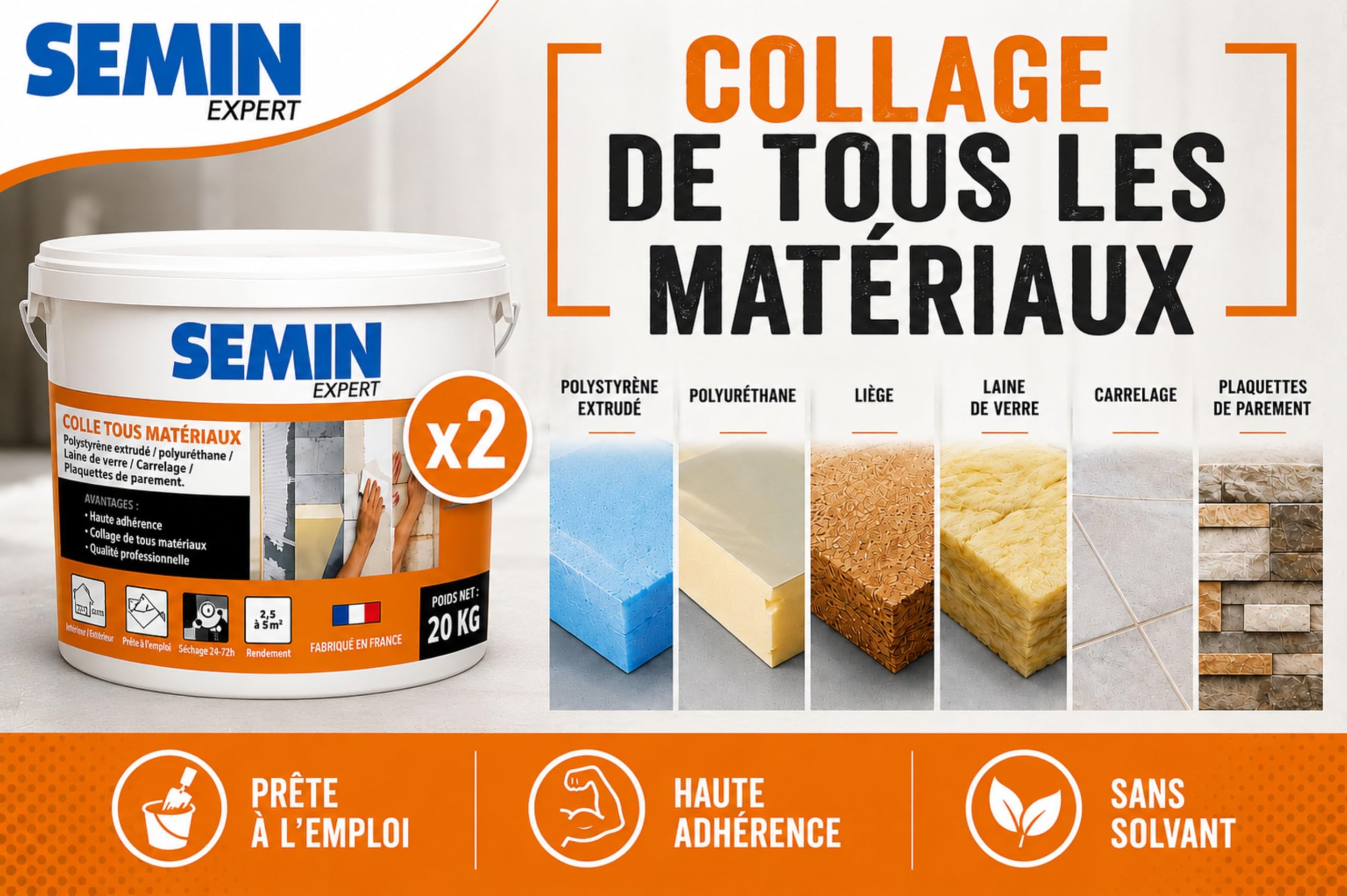 SEMIN Colle Tout Matériaux – 2 X 20 kg – Haute Adhérence Sans Solvant – Prête à l'Emploi – Intérieur/Extérieur – Polystyrène, Liège, Laine de Verre, Carrelage et Plaquettes de Parement