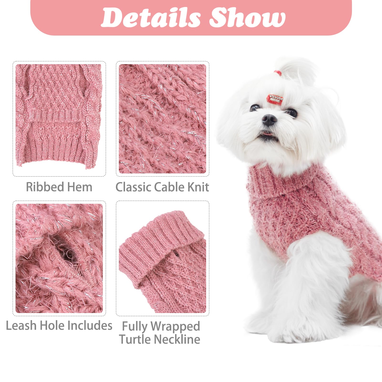 SCIROKKO Turtleneck Small Dog Sweaters - Classic Cable Knitwear Winter Coat for Small Medium Dogs Male Female Puppy Dog Cold Weather Clothes Girls Boys, Light Pink, XS