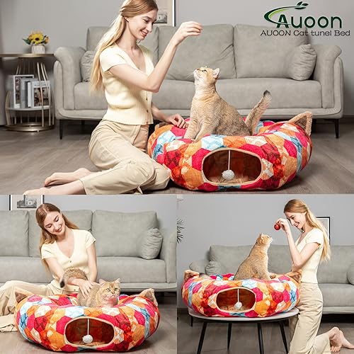 Vista 15 de AUOON Cama de túnel para gatos con alfombrilla central, juguetes de tubo grande, material de felpa suave, forma de luna llena para gatitos, gatos