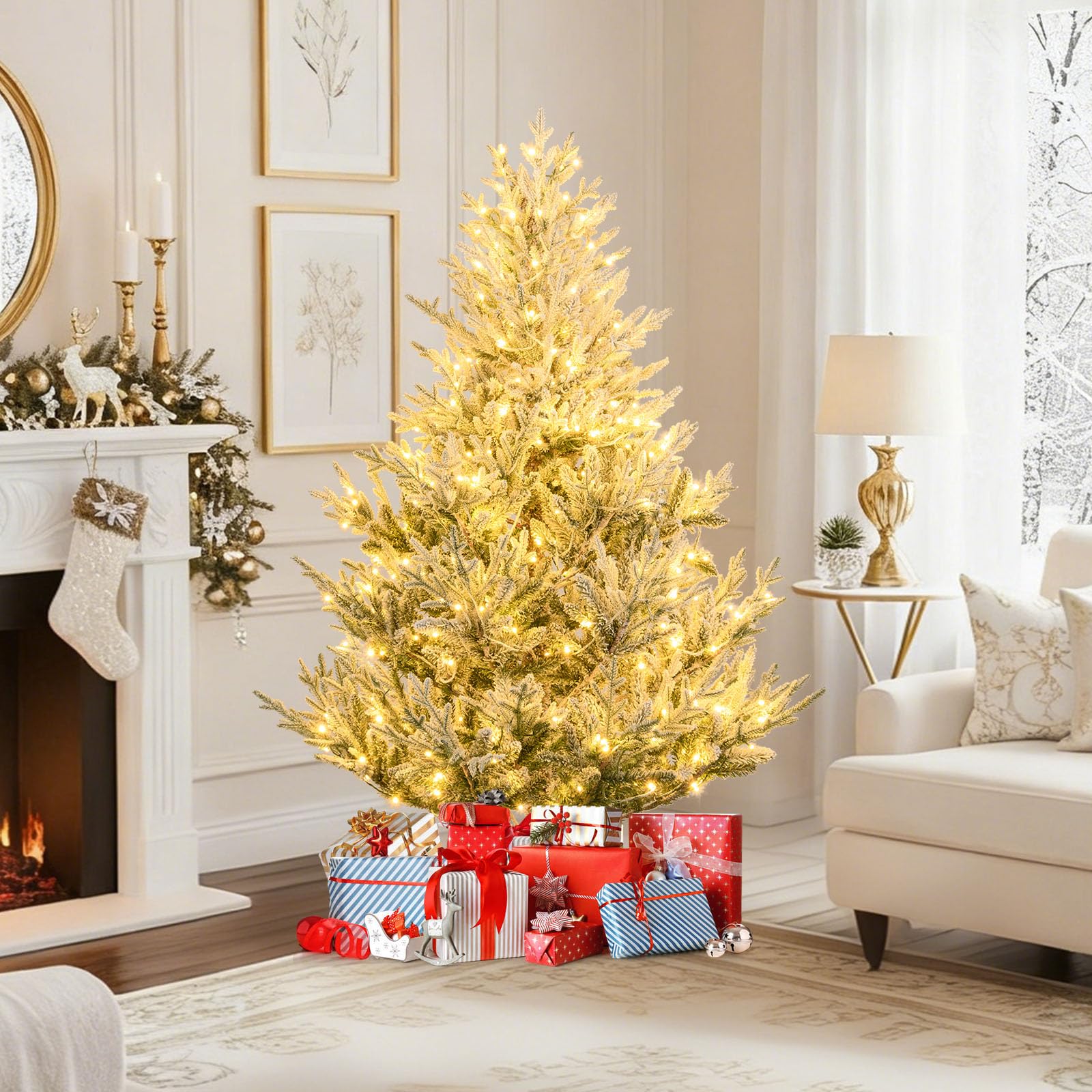 GYMAX Árbol de Navidad Artificial con Luz, 180/210/240cm Árbol Navideño Nevado con 762/1074/1470 Ramitas, 340/450/580 Luces LED Blanco Cálido Regulables, 13 Modos para Fiesta y Hogar (180 cm)