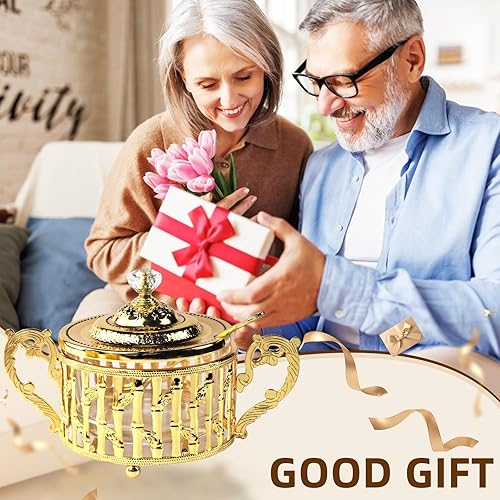 Miniatura 2 de Flylin Azucarero, azucarero turco con tapa y cuchara para galletas de caramelo, miel, tarro de condimentos de vidrio vintage dorado para el hogar y