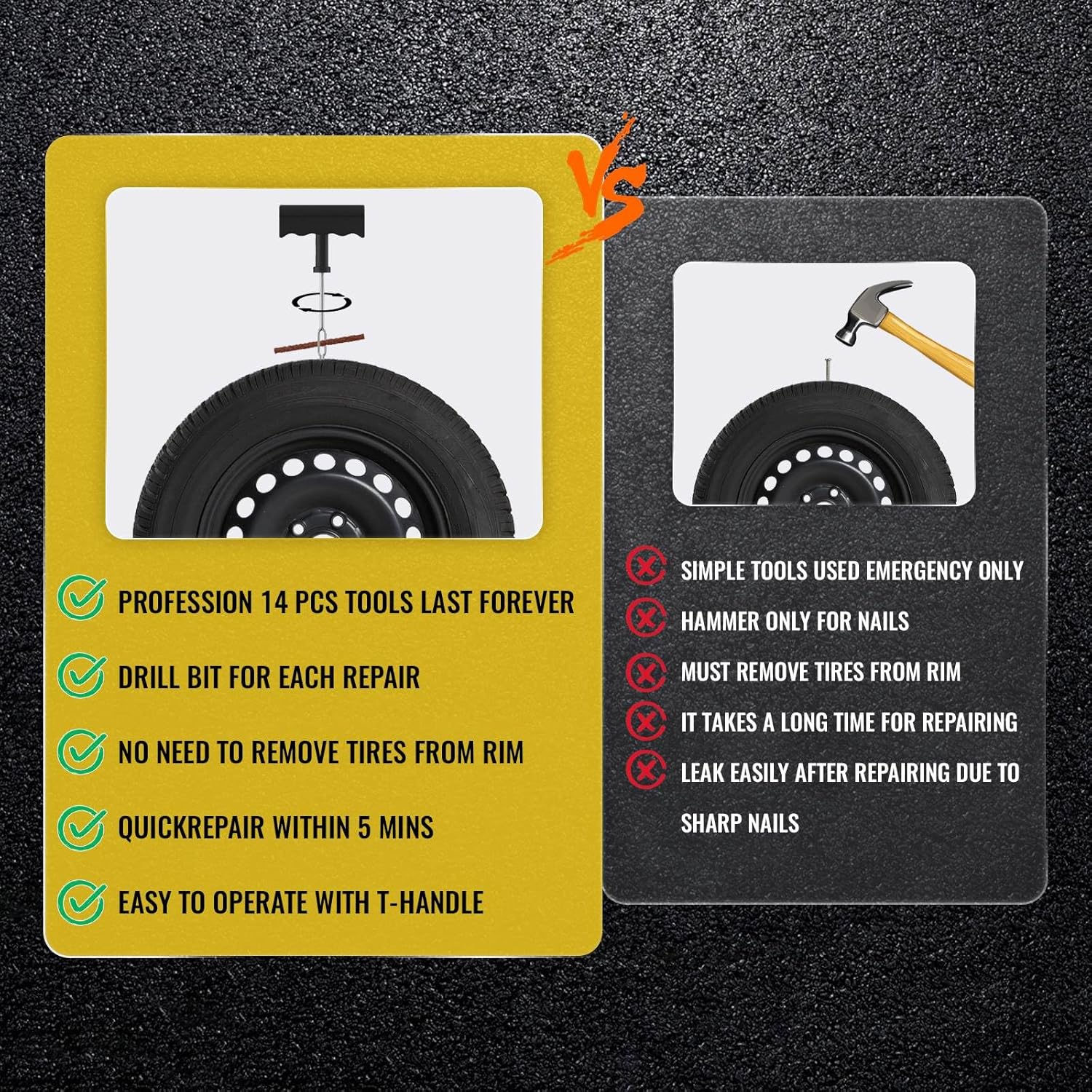 FADAKWALT Tire Plug Repair Kit with 12V DC Tire Inflator, Tire Patch Tool Set Includes Spiral Probe Tool, Insertion Tool, 3 Repair Plugs, and Tire Repair Glue for Cars and Motorcycles (yellow pump)