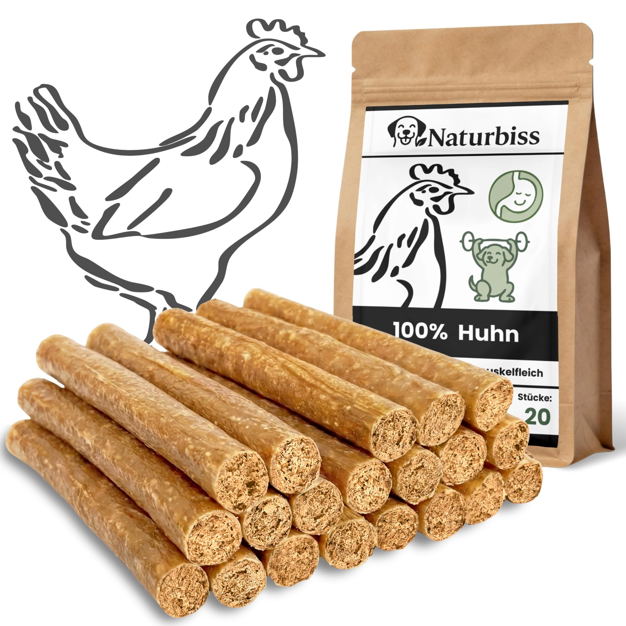 Cigarros para perros de pollo – 20 unidades (12 cm) – Hipoalergénico y sin cereales – monoproteína, 98% carne muscular, carne de pollo secado al aire