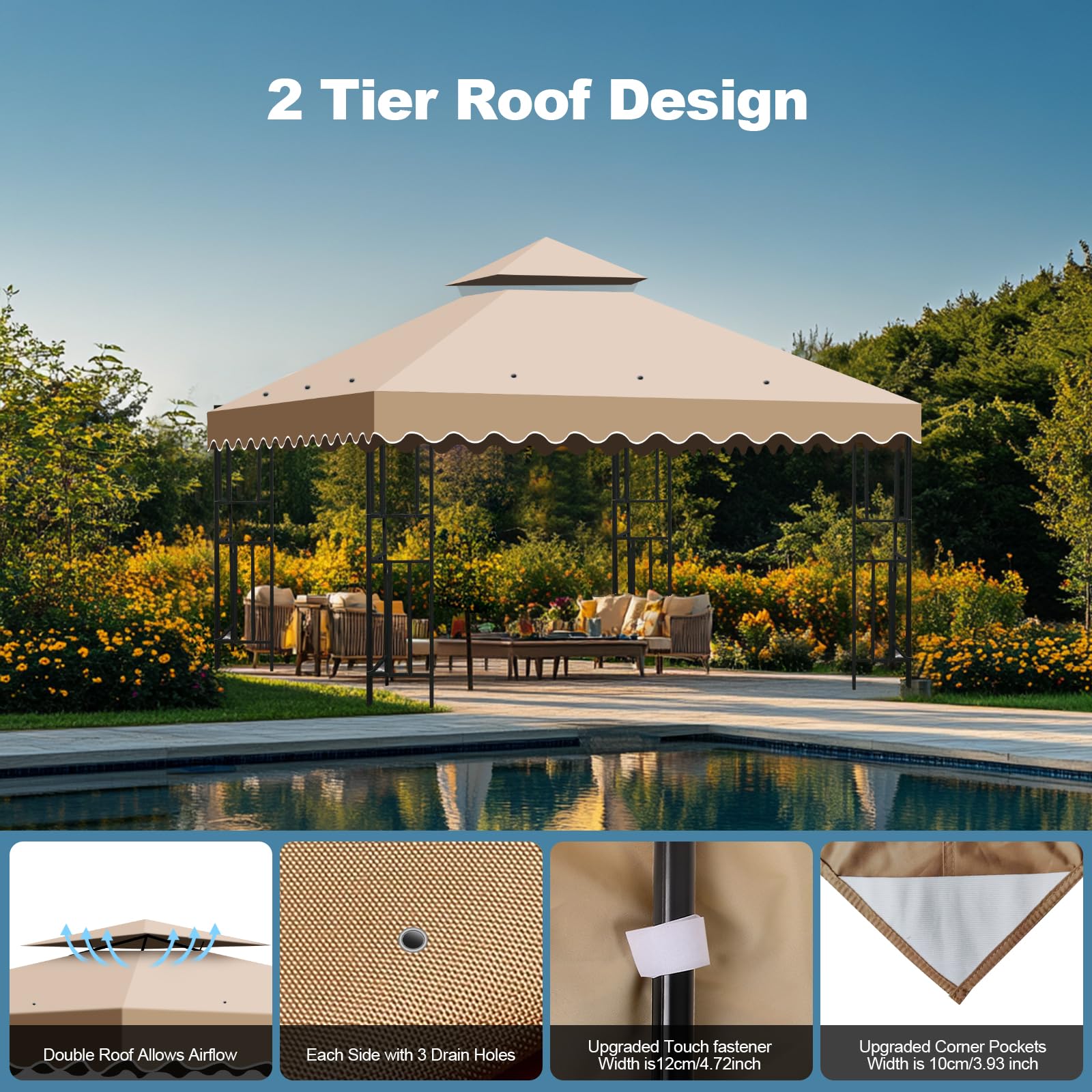 Tetto di Ricambio per Gazebo 3x3 Impermeabile, Telo Copertura 300D Poliestere Anti-UV Kaki