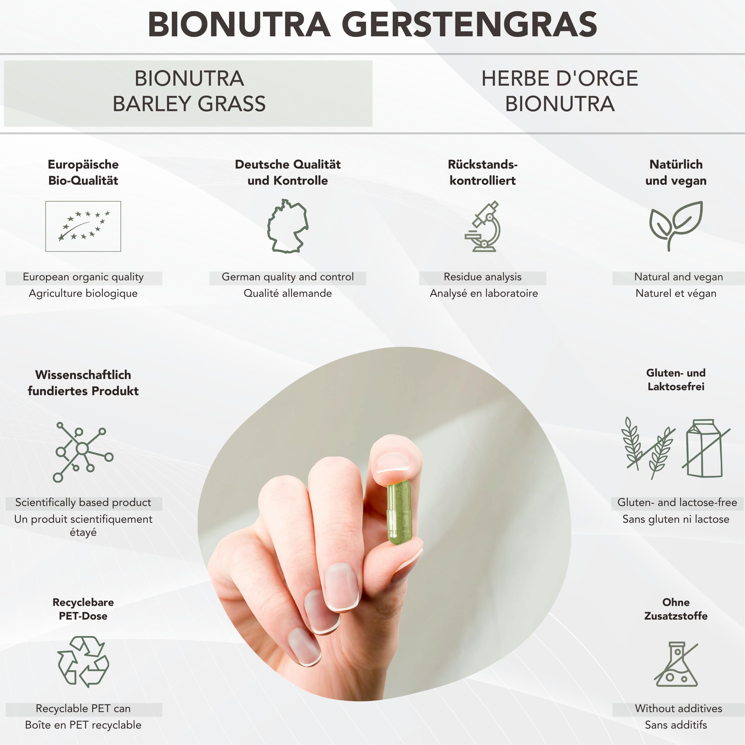 BIONUTRA® Capsule di Erba d’Orzo Bio ad alto dosaggio, 4800 mg dose giornaliera, controllate per residui, produzione tedesca, vegane, senza additivi, polvere di erba d’orzo bio, 270 pezzi x 600 mg