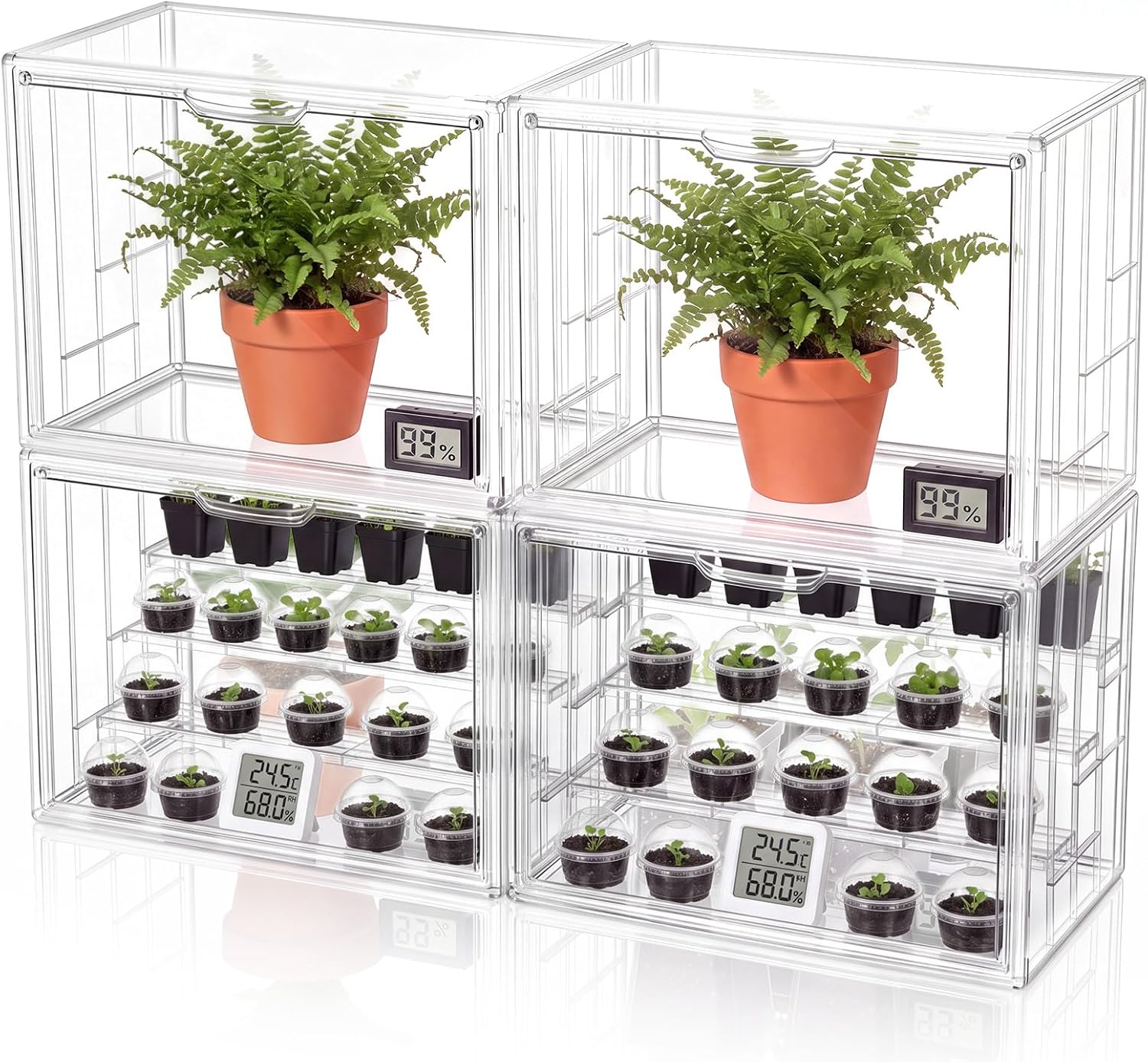 Novabright 4 Pack Clear Acrylic Indoor Mini Greenhouses with 3 Shelves, 14.2 x 8.7 x 10.6 Inch Stackable Tabletop Plant Propagation Boxes for Seed Starting, Herb Growing & Small Plant Display