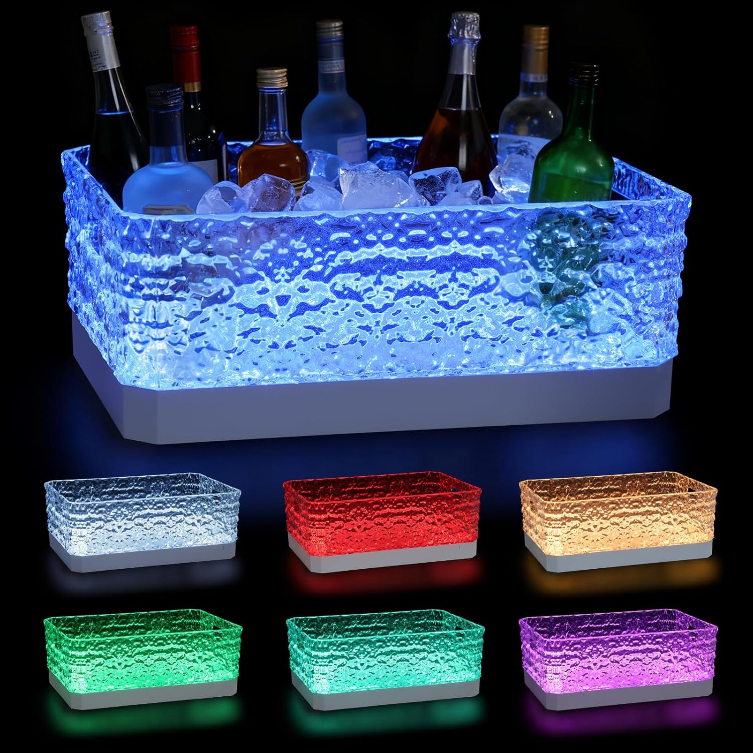 LED Light Up Plastic ice buckets for parties 15L large Clear beverage tub 7-color LED light ice buckets For Champagne Beer Cocktails Family Gathering Bar Nightclub Essential (Diamond texture)