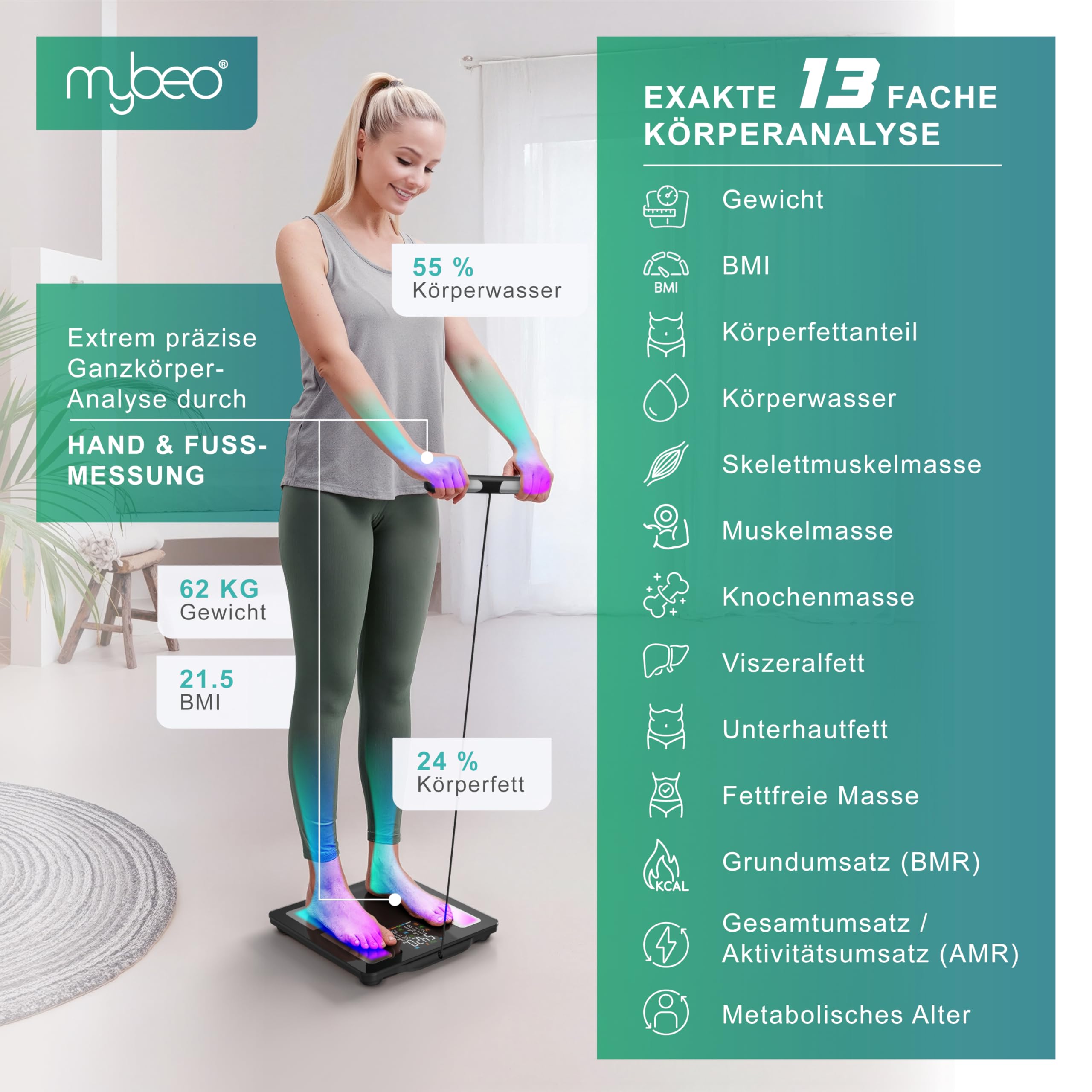 Mybeo - Körperfettwaage mit Handsensoren - mit App - Digitale Bluetooth Körperwaage - Personenwaage Multifunktionswaage - Digitale Anzeige – Handgriff für präzise Ergebnisse - mit Körperfettanalyse