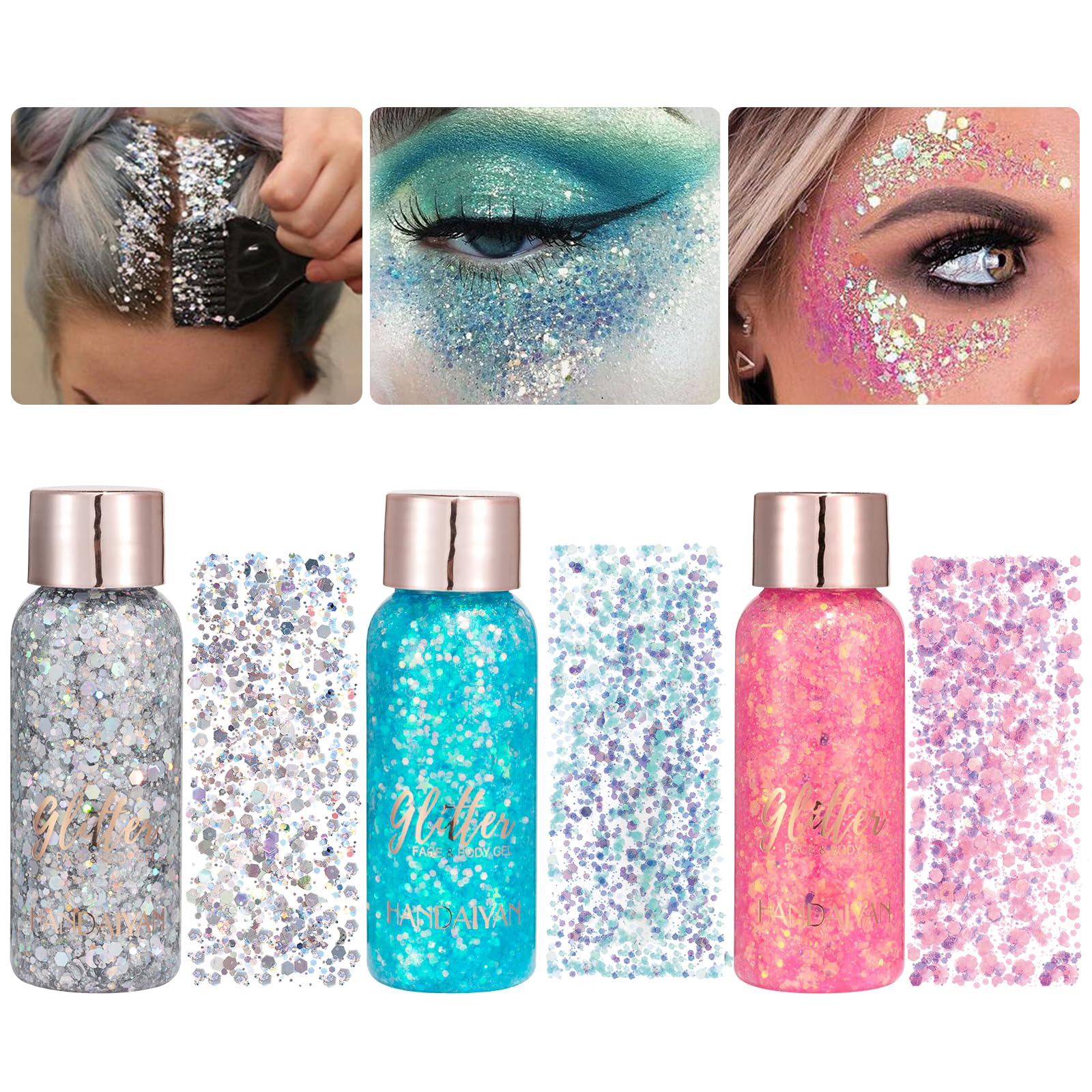Rihsay 3 Piezas Purpurina Maquillaje Cara Brillos para la Cara Purpurina Pelo Gel Purpurina Cara Body Glitter Gel Lentejuelas de Sirena Glitter Maquillaje Brillantes para Cara Pelo Labios Uñas