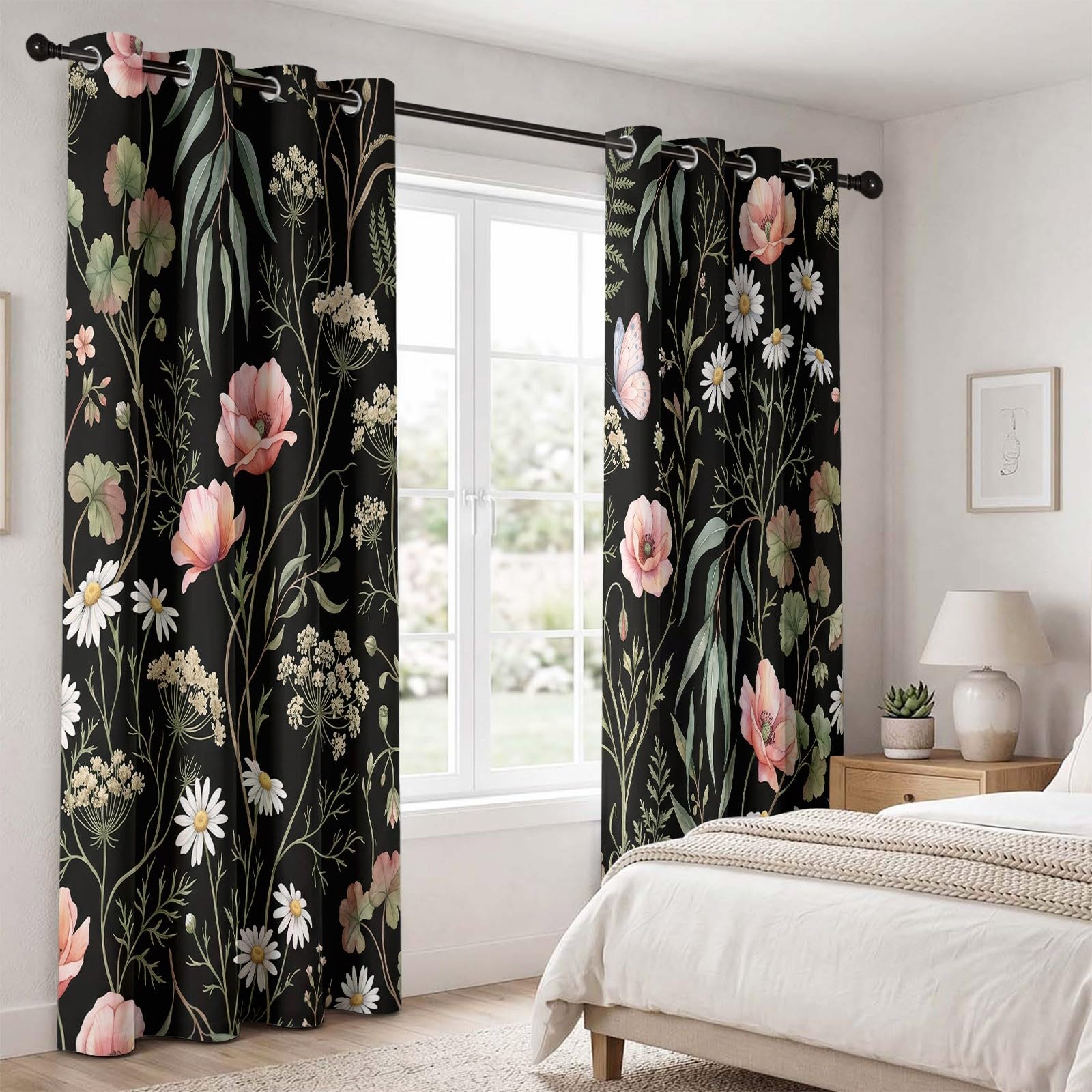 Schwarz Natürlich Landhausstil Vorhänge, Mohnblumen Gänseblümchen Eukalyptusblätter Geranien Wärmeisolierte Raumverdunkelnde Vorhänge, Energieeffiziente Ösen Vorhang für Wohnzimmer, H245 x B100 cm