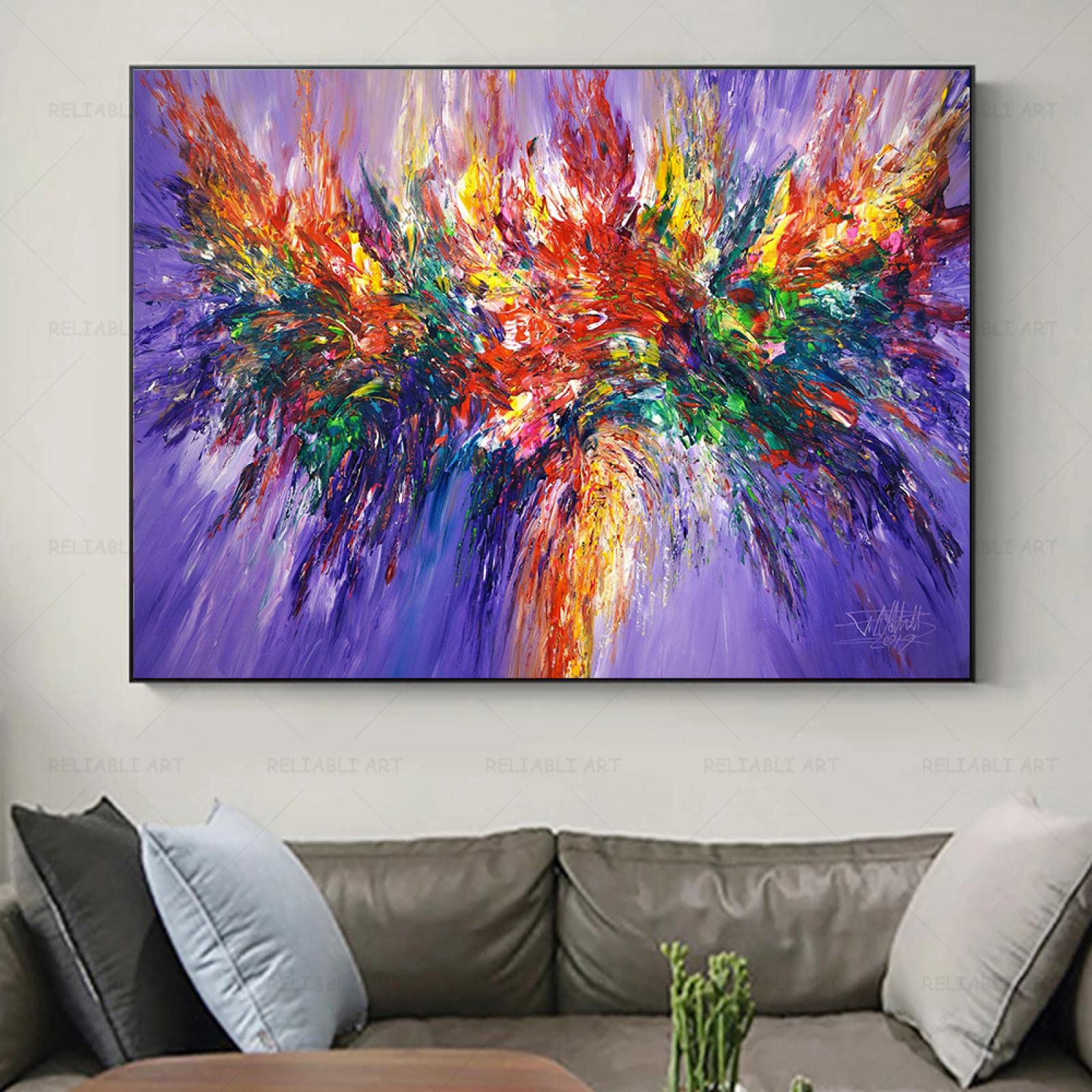 Poster abstrait nuage graffiti jaune violet art mural moderne sur toile 70x100cm