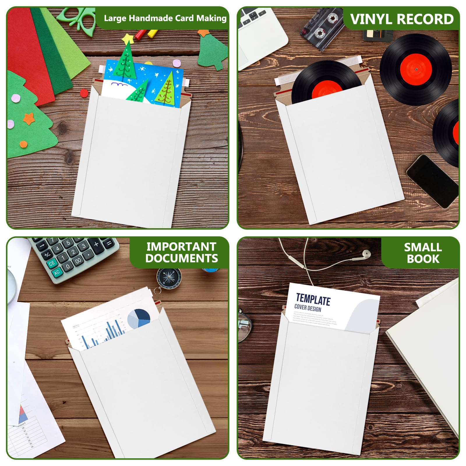 Lot de 50 enveloppes rigides blanches auto-adhésives pour cartes à collectionner - 22,9 x 30,5 cm - Enveloppes d'expédition en carton kraft semi-rigide et à chargement par le haut - Fournitures de