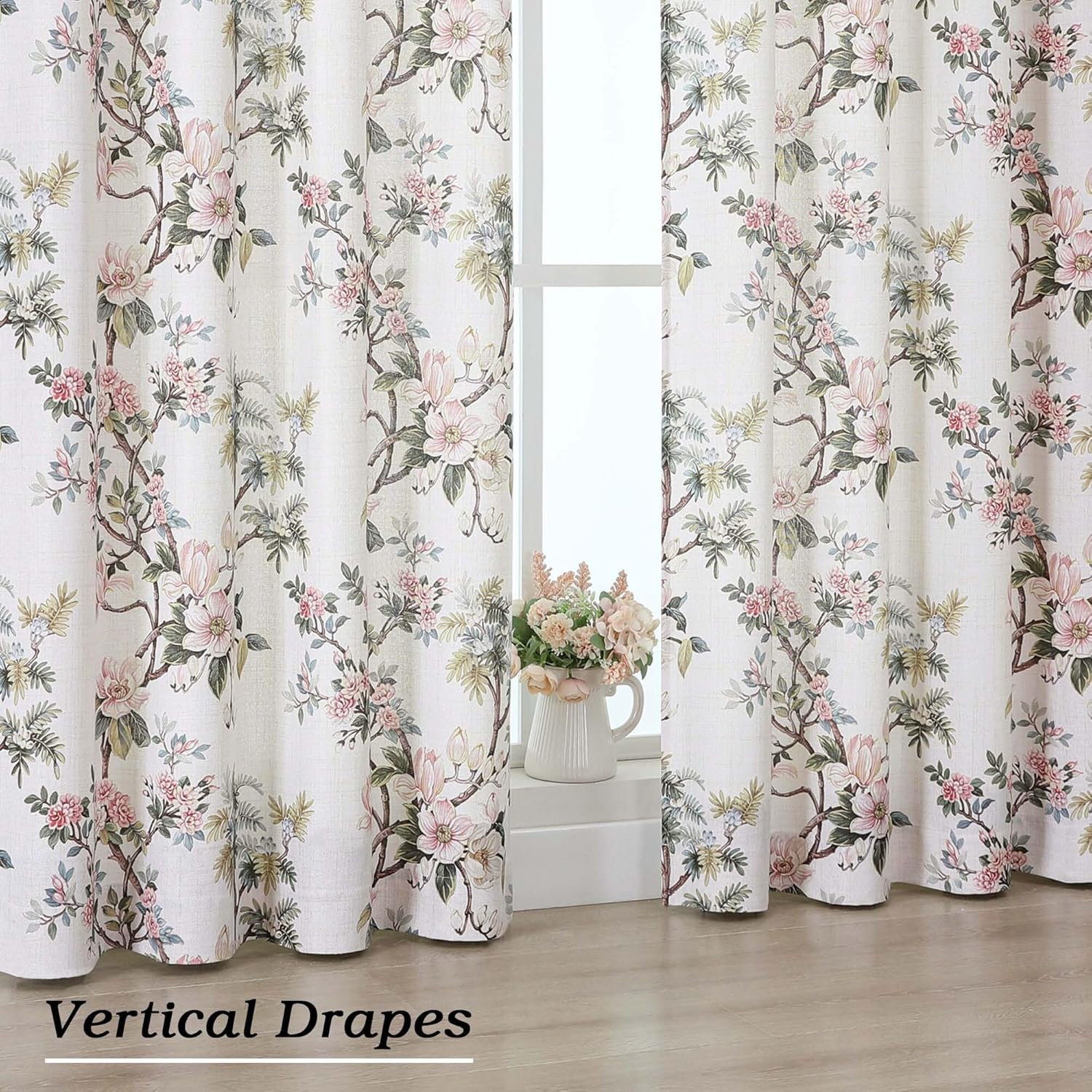 Simplebrand Natural Floral Curtains 96 Inches Long 2 Panels, Faux Linen Textured Semi Light Filtering Farmhouse Curtains & Drapes, Soft Airy Slub Window Curtains for Living Room Bedroom, 52" Wx96 L