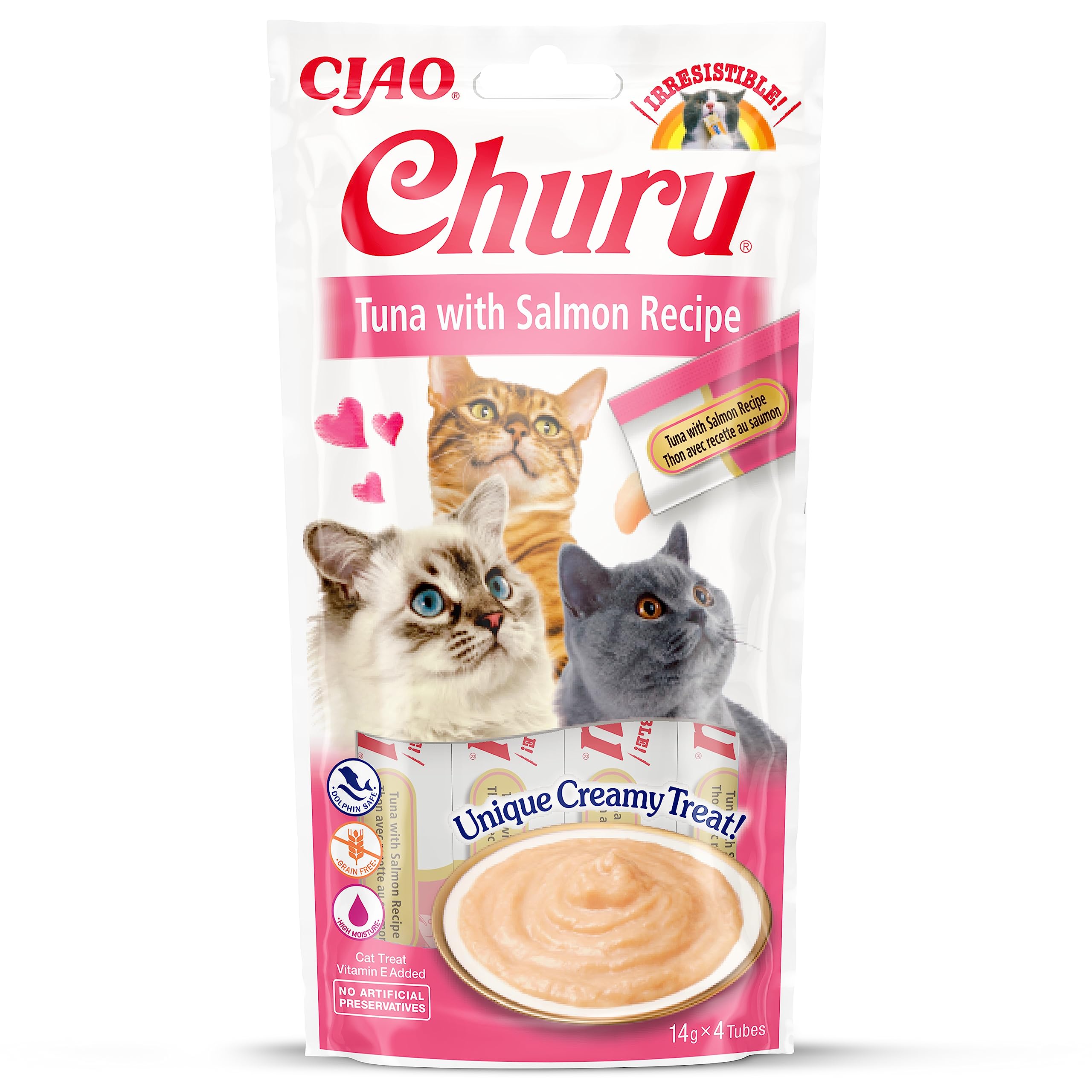 INABA Churu Purée Tuna & Salmon - Snacks Húmedos para Gatos - Premios Saludables - Deliciosas Golosinas - Sabor Atún y Salmón 4x14g - Comida para Mascotas