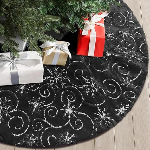 Vista 158 de Faldones de felpa para árbol de Navidad, 36 pulgadas, tapete de lujo de piel sintética blanca nevada con copos de nieve dorados para decoración