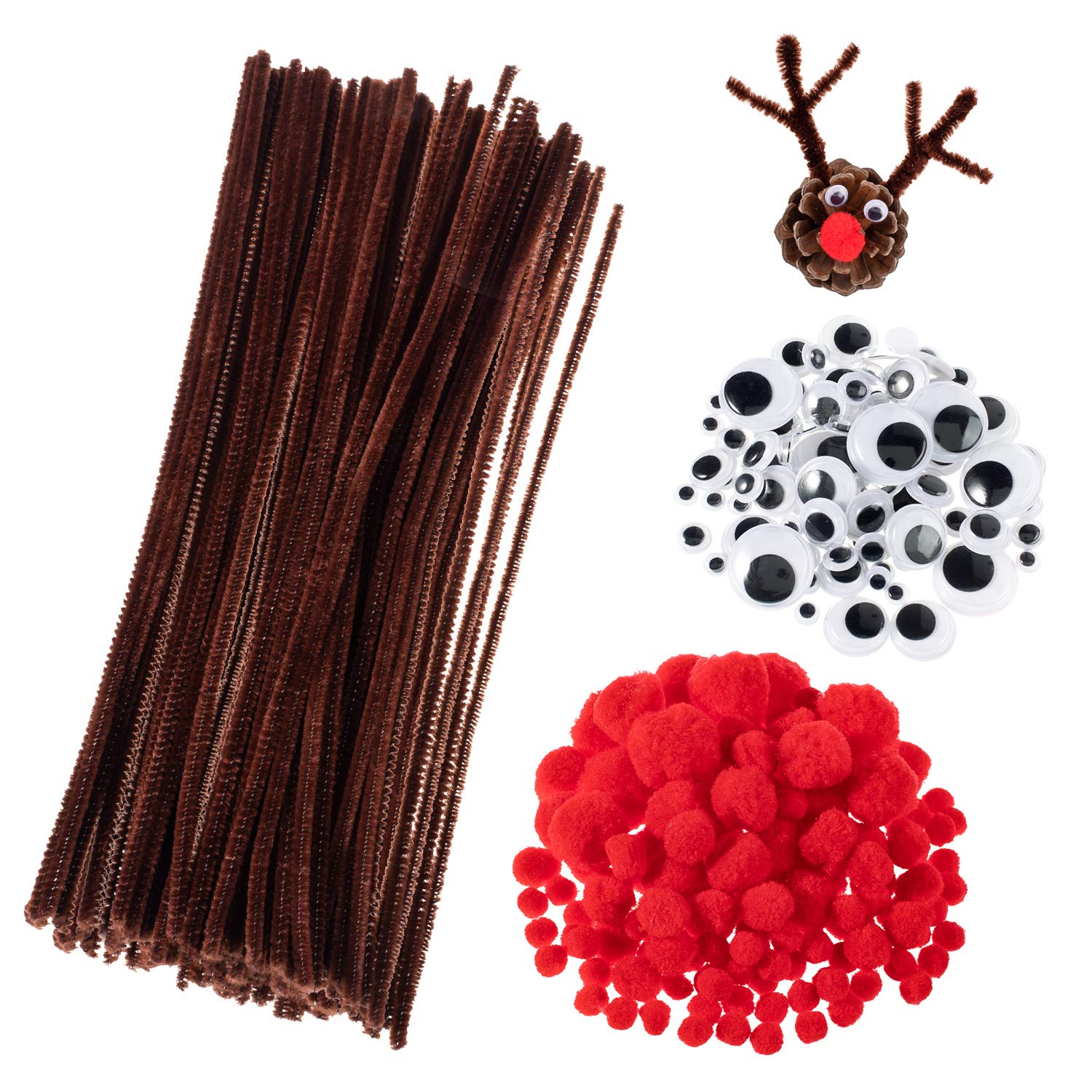 Whaline 350 Pcs Christmas Pipe Cleaners Set Including 100 Pcs Brown Craft Chenille Stems, 100 Pcs Multi Sized Wiggle Googly Eyes and 150 Pcs Pompoms for Christmas Craft Party DIY Art Supplies