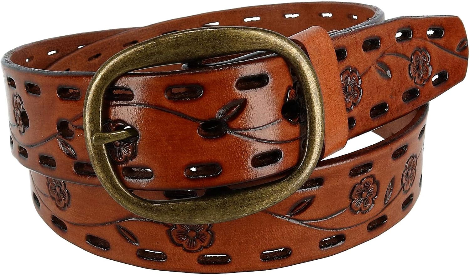 CTM Women's Center Bar Buckle Belt with Flowers