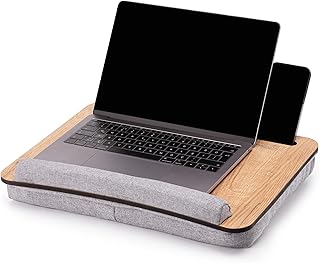 Vigo Wood Drewniana Taca na Laptopa 15,6” z Poduszką, Biurko na Kolana z Uchwytami na Tablet i Telefon, Idealne do Łóżka i Kanapy (Dąb i szary)