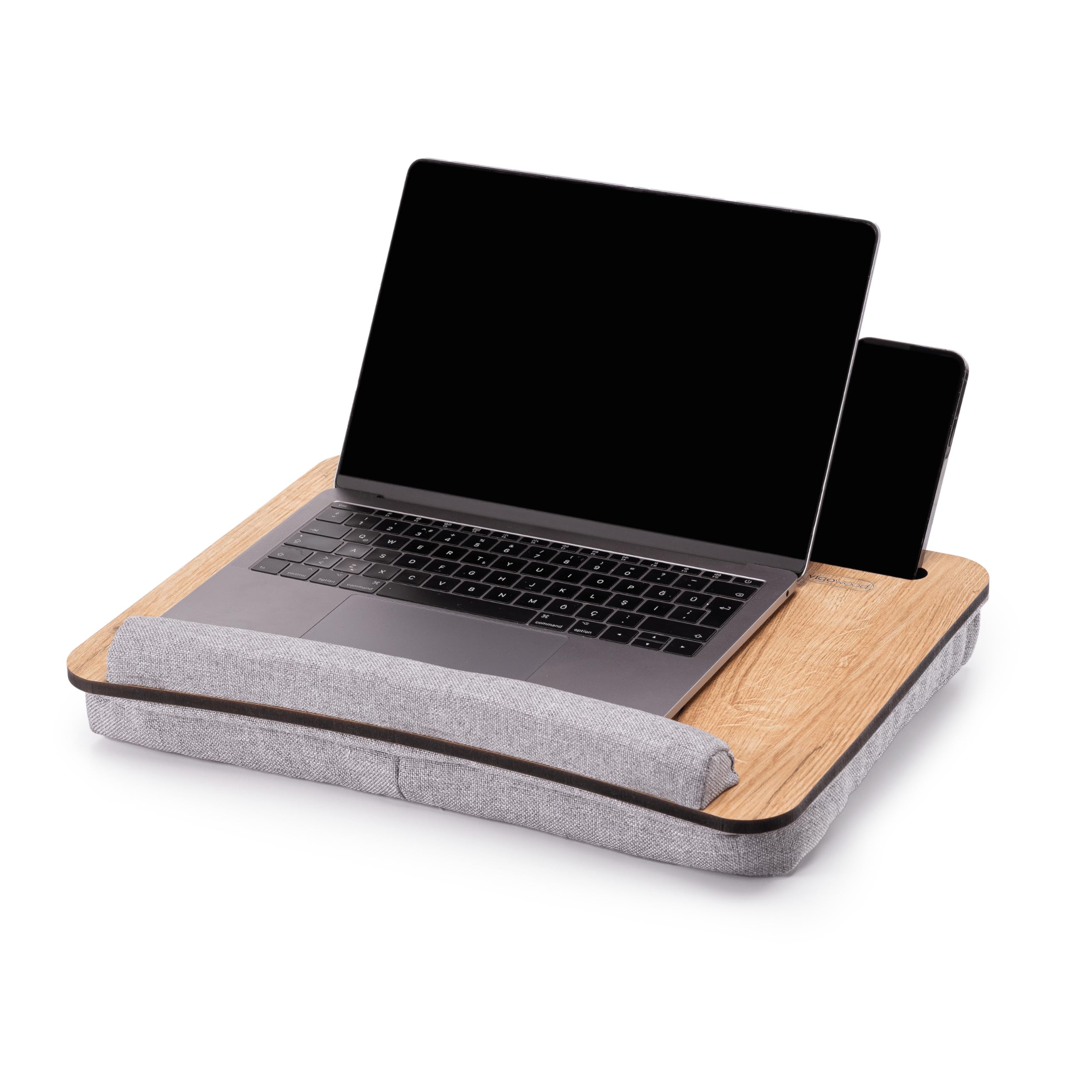 Vigo Wood Laptop Tray for Bed, Lap Desk for Laptop Stand for Bed, Tray with Cushion, Portable lap tray for Home Office Fits up to 16'' Tablet and Phone Holder (Oak & Gray)