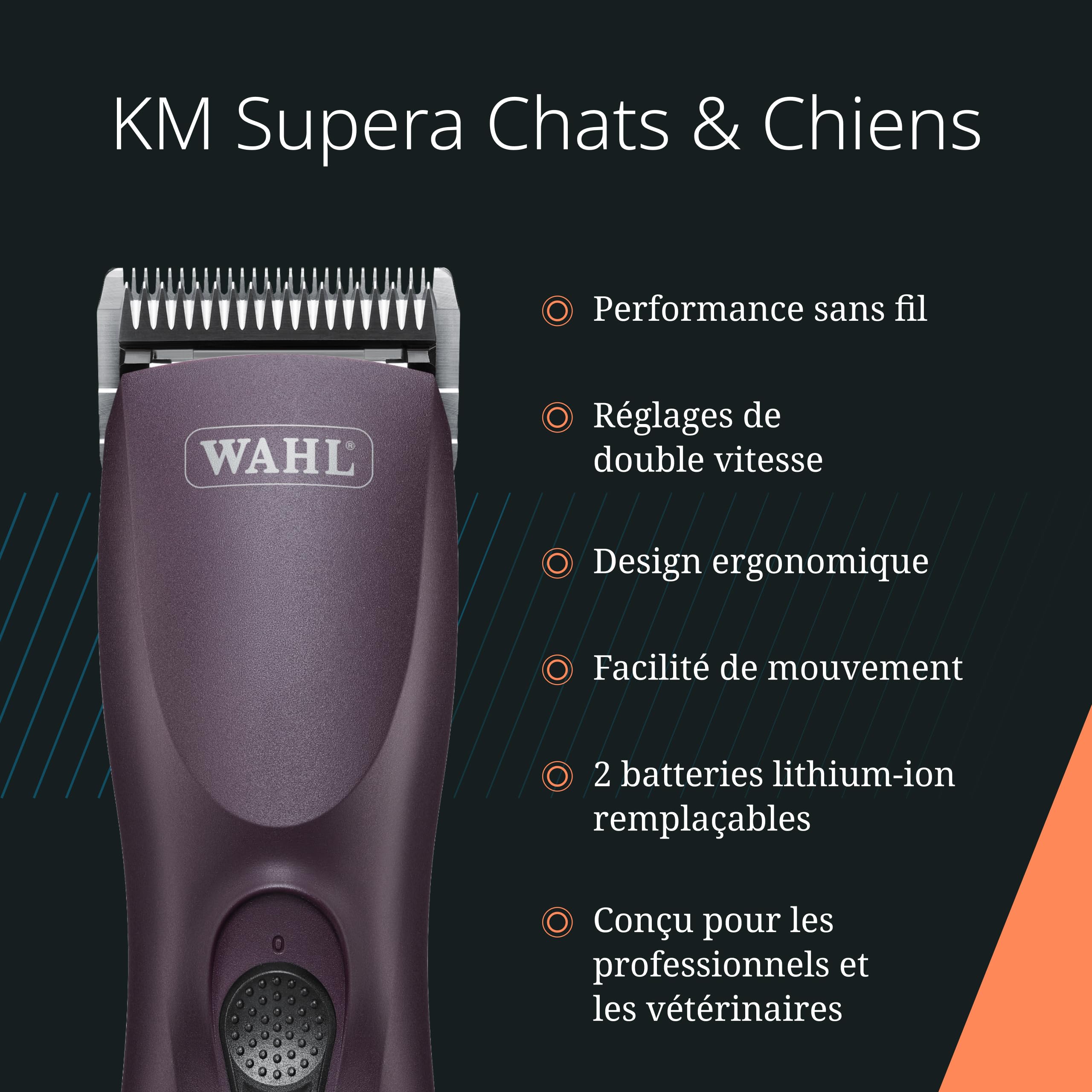 Wahl KM Supera, Tondeuse Sans Fil pour Animaux, Ergonomique | Tondeuse Sans Fil pour Animaux, 2 Batteries Interchangeables, 3000 et 3700 tr/min, Moteur Sans Balais, Légère et Silencieuse