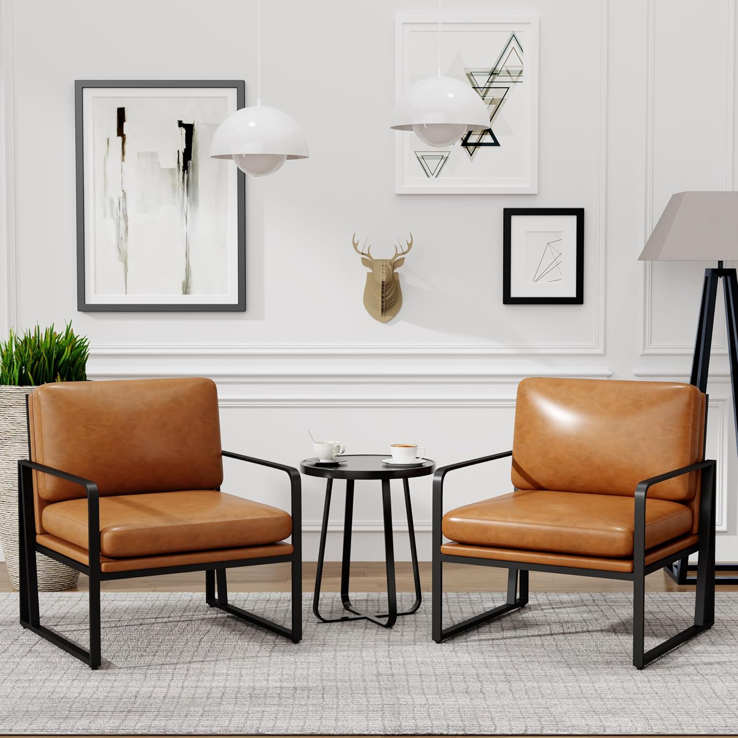 Set of 2 Brown Faux Leather Armchairs with Metal Frame