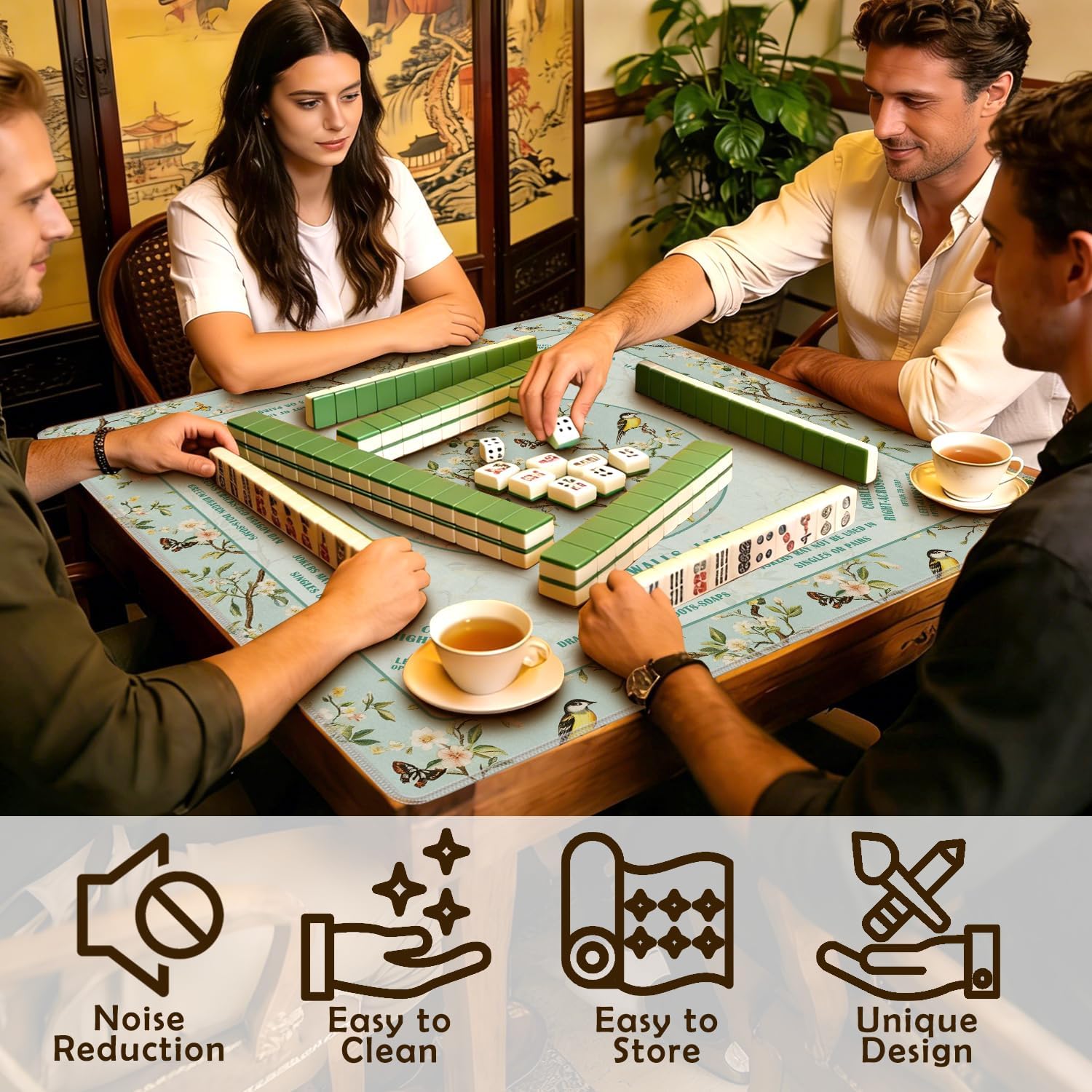 Turquoise Floral Bird Chinoiserie Mahjong Mat 31.5 x 31.5 in,Traditional Chinese Flower Non-Slip Noise Reduction Gaming Mat for Table American Mahjong Poker Board Games Card Games Dominoes