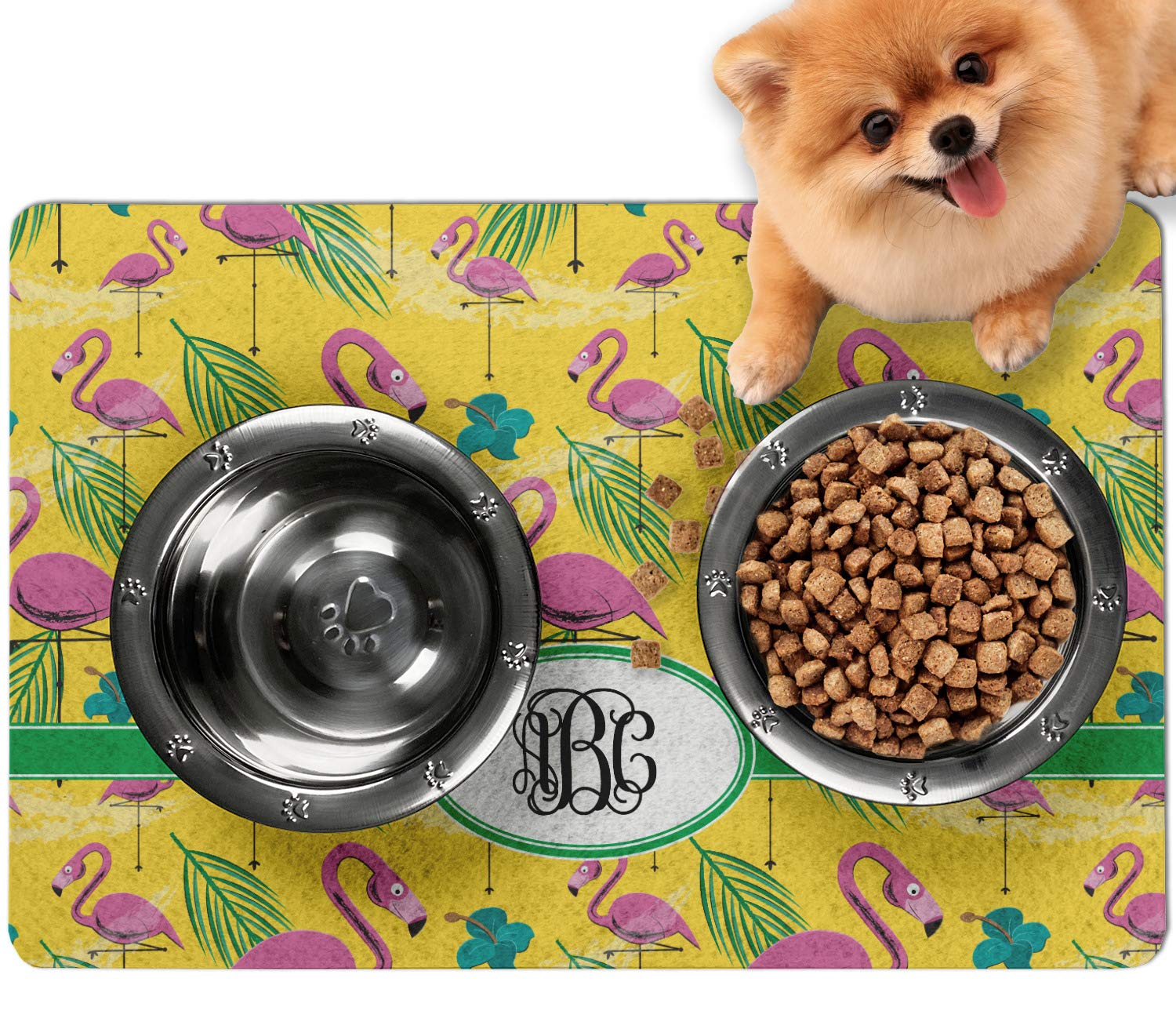 YouCustomizeIt Personalized Pink Flamingo Dog Food Mat - Small w/Monogram