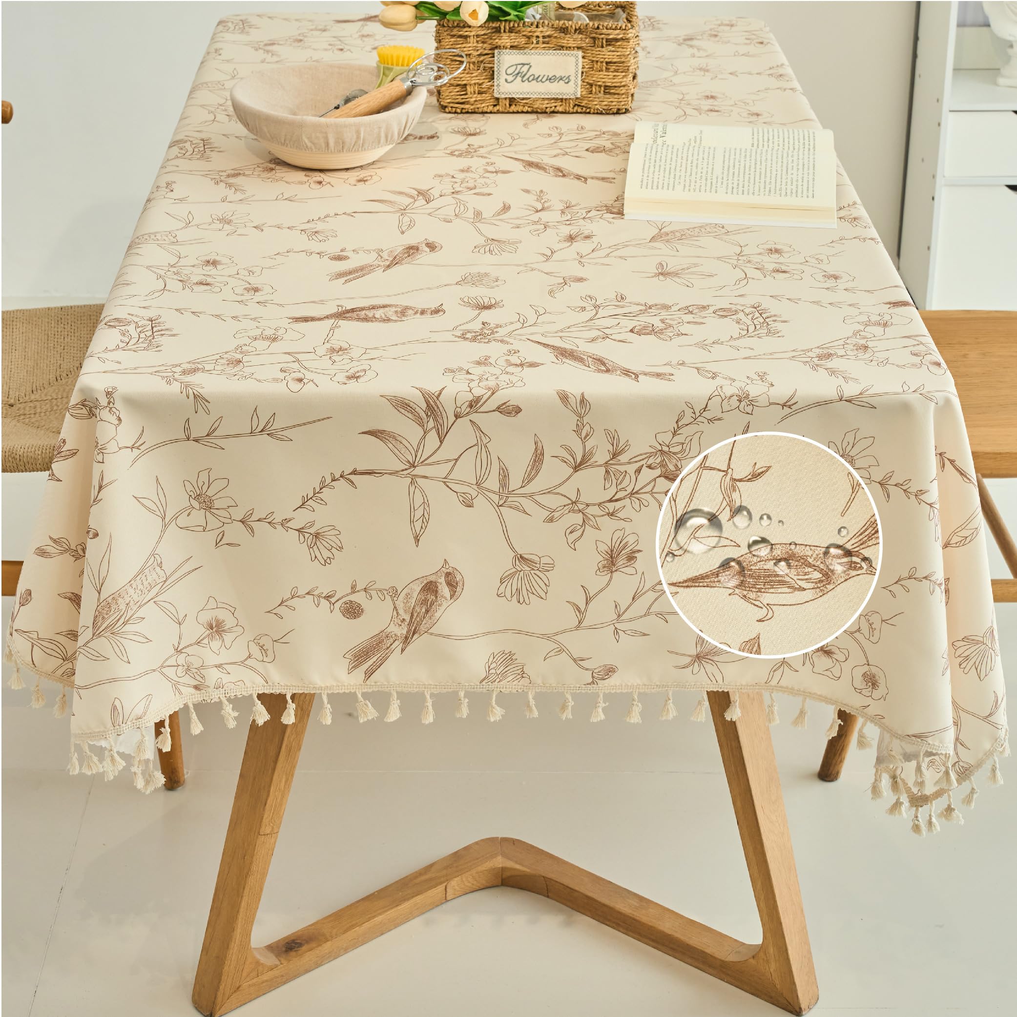 Farmhouse Wipeable Tablecloth Cotton Linen Backing Slip Resistant Flower Pattern Tabletop Vinyl Waterproof Coating Spill-Proof Table Cover Kitchen