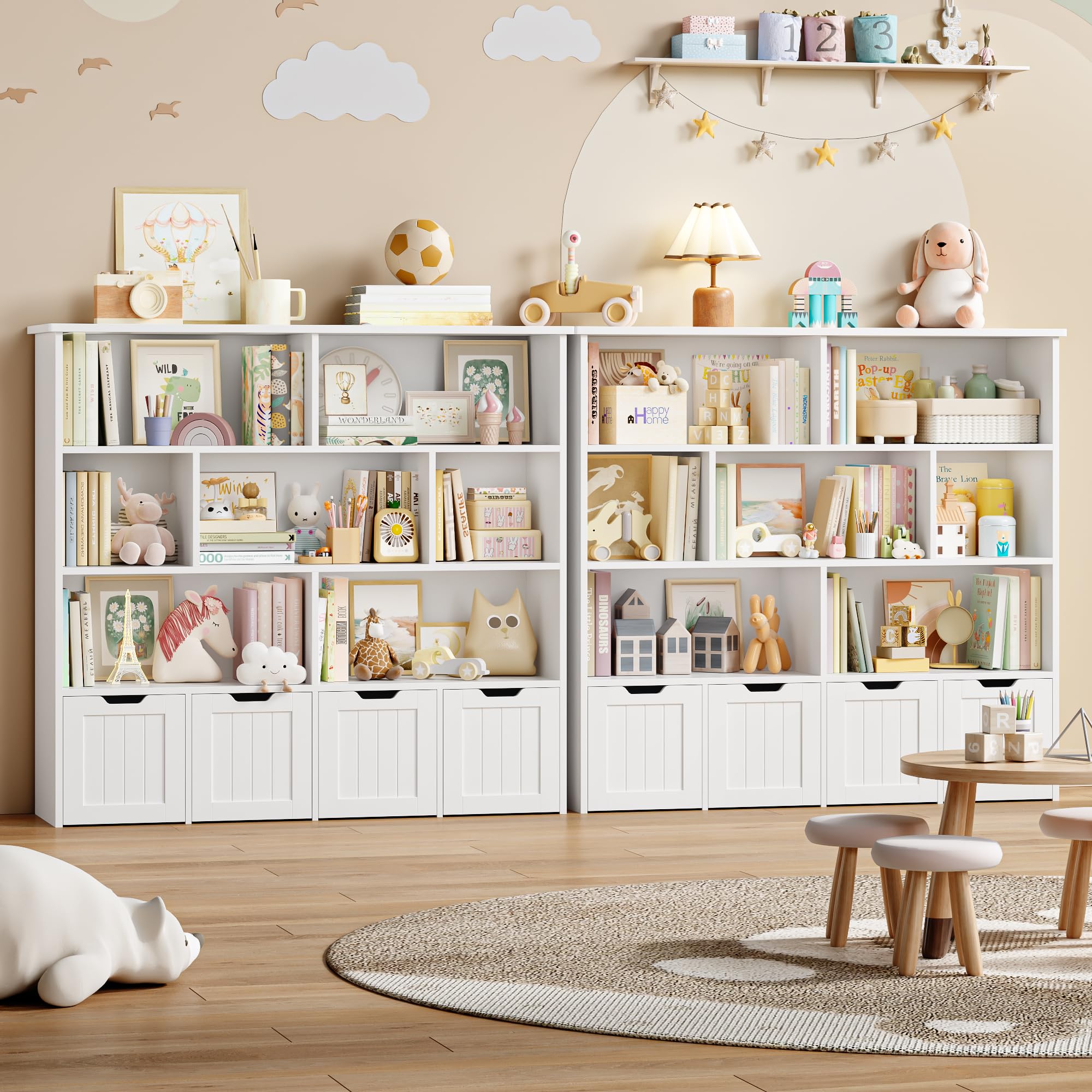 FOREHILL Kinderregal 4 Ebenen, Kinderzimmer Möbel, Bücherregal für Kinder | Kinderschrank mit Boxen auf Rollen, Spielzeug Aufbewahrung für Kinderzimmer, Kindergarten, Leseecke 125,5x33x118cm Weiß