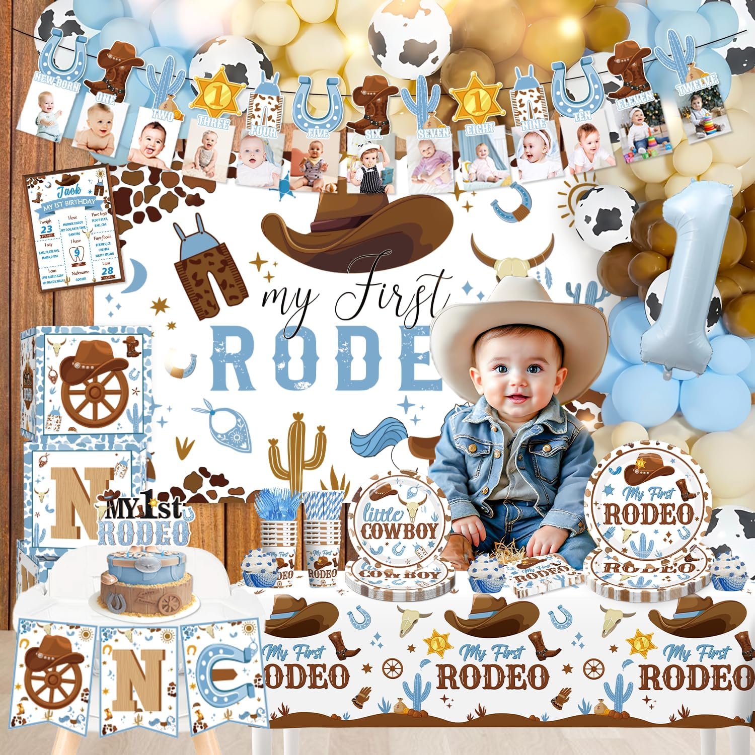 cocomigo 227PCS My First Rodeo Decorations Boy, My First Rodeo Plates, Napkins, Banner, Backdrop, Cowboy Balloon Arch Kit, All-in-one Rodeo Party Decorations for 20 Guests