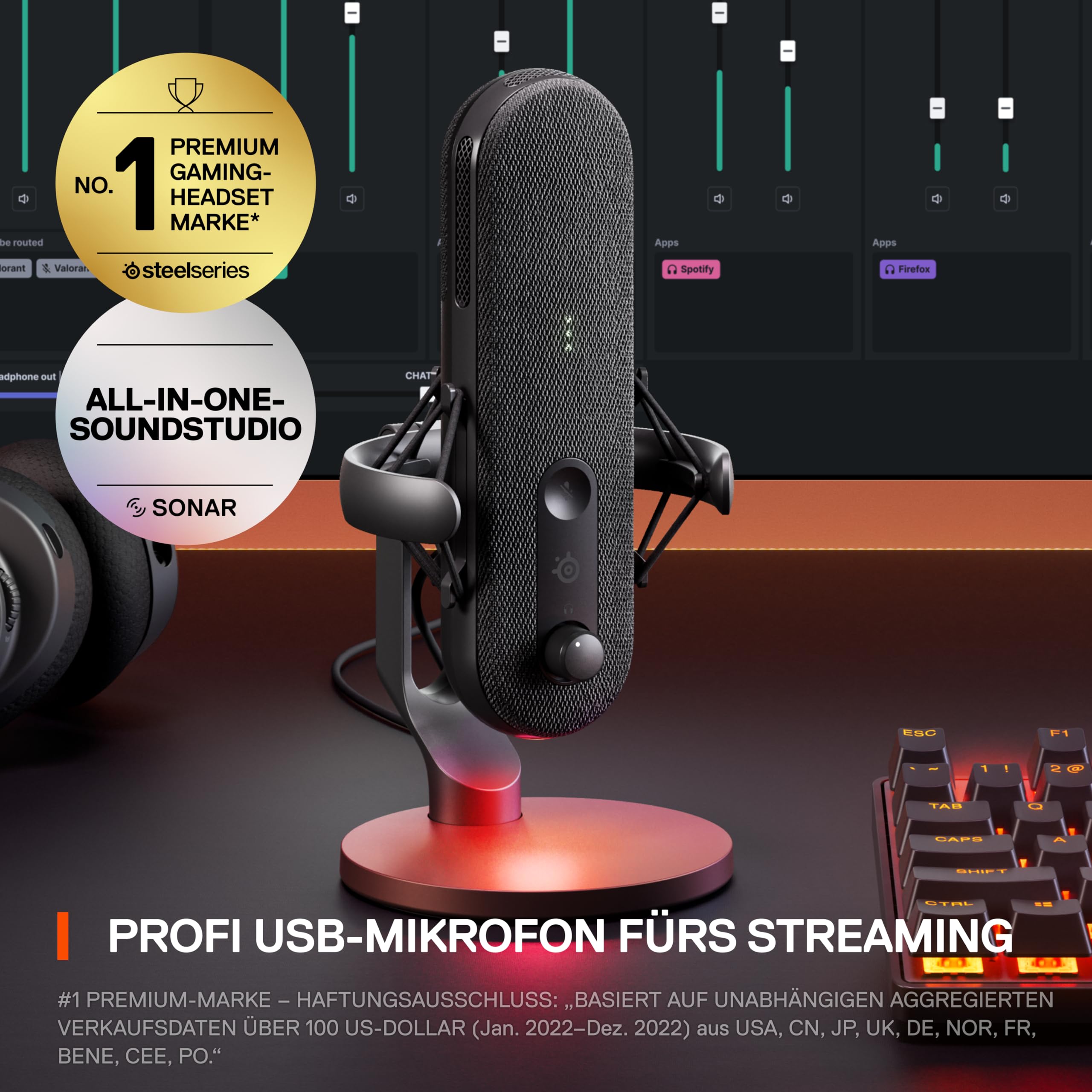 SteelSeries Alias USB-Mikrofon für PC Gaming Streaming Podcasting KI-Geräuschunterdrückung LED-Stummschalttaste Pegelüberwachung Stoßdämpfer