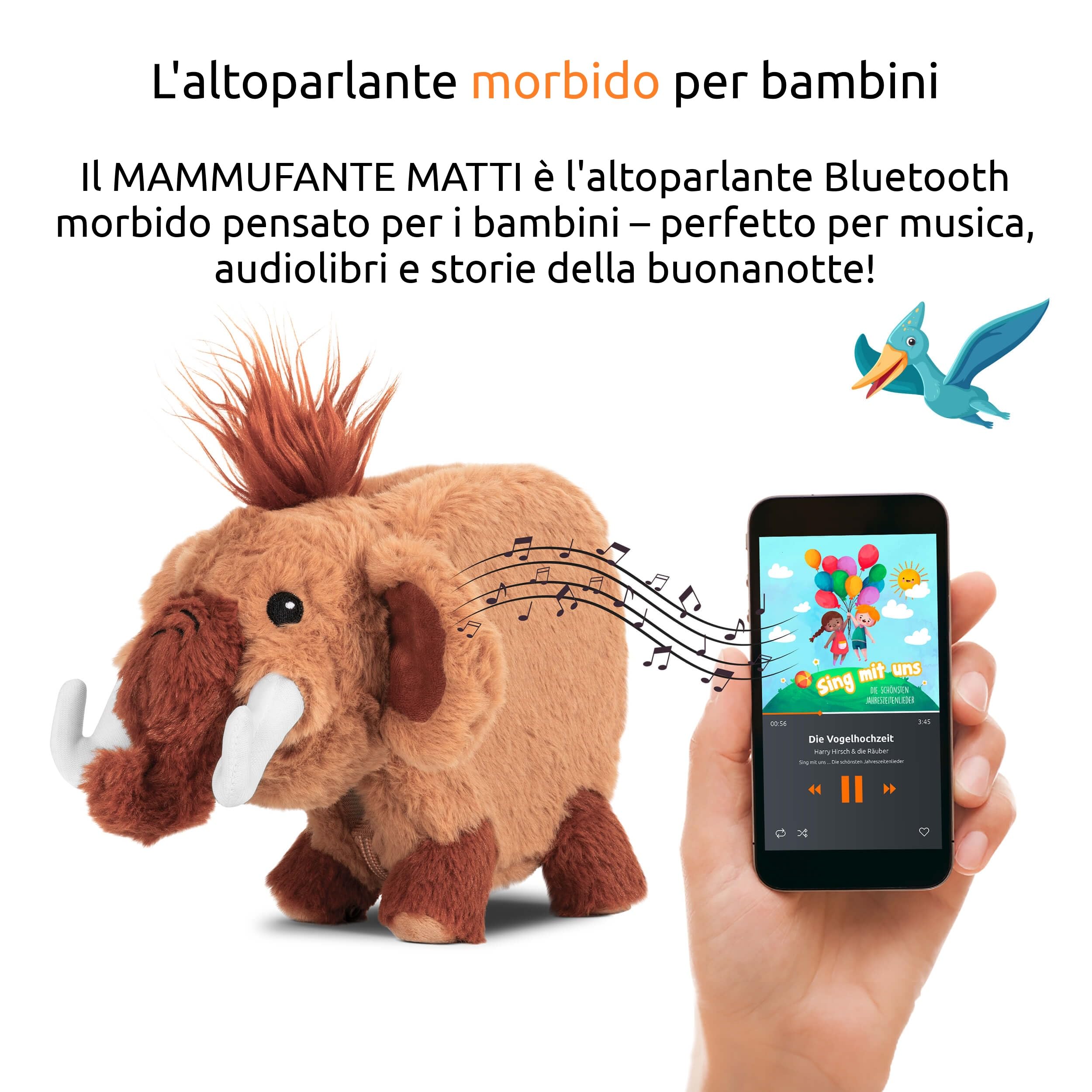 TechniSat Matti der MAMMUFANT - Altoparlante Bluetooth morbido con luce notturna per bambini (lettore audio, cappellino MP3 programmabile e batteria potente)