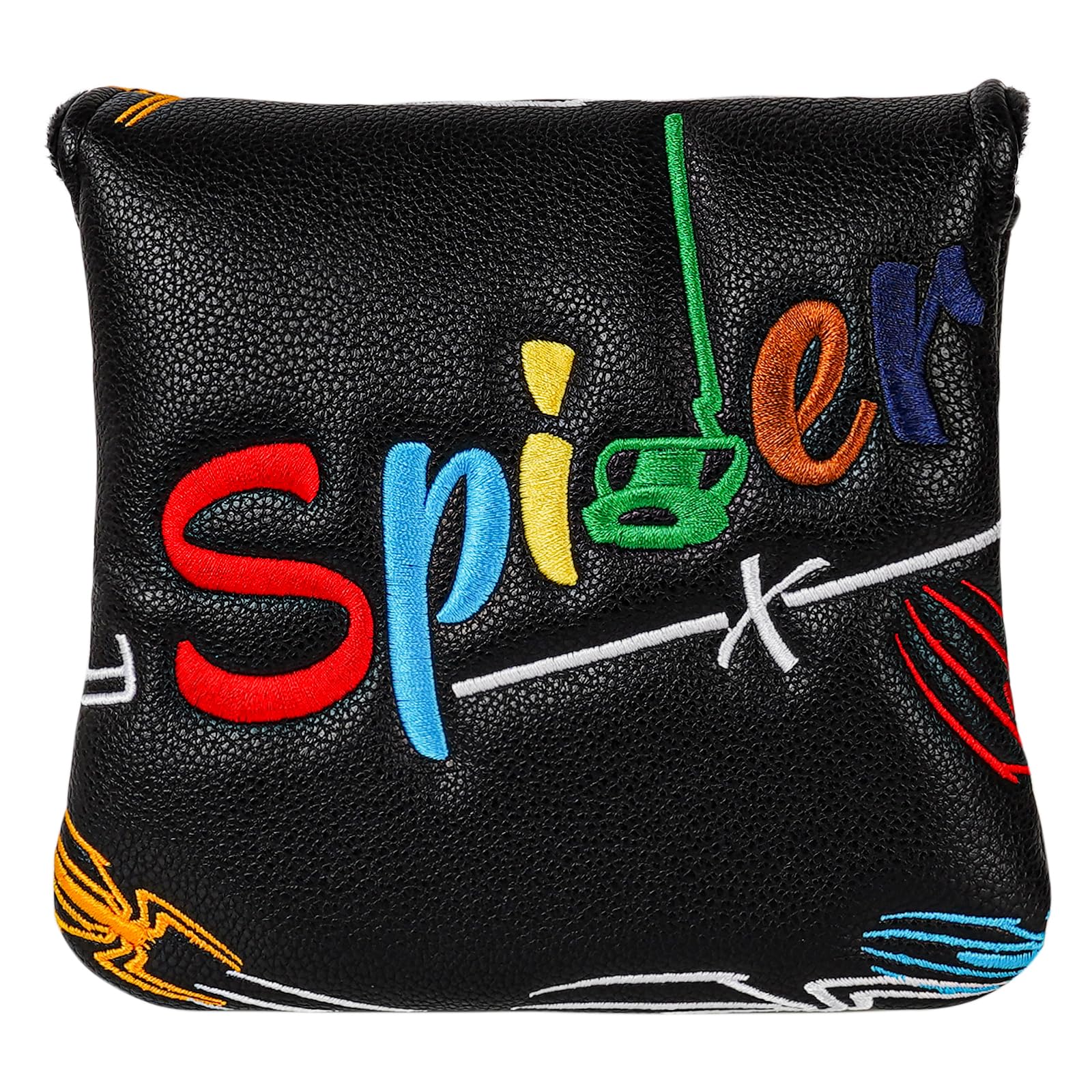 Golf Square Mallet Putter Cover Magnetic Heel-Shaft Headcovers Colorful Spider Pattern Black PU Leather