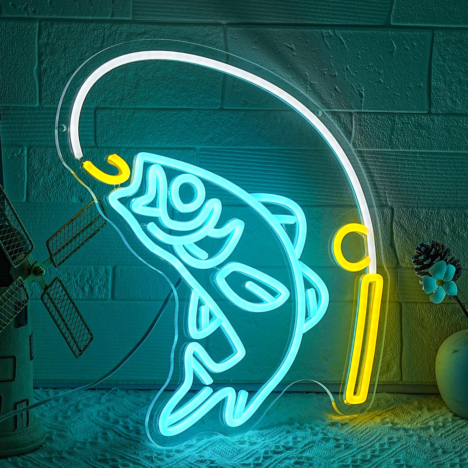 LMSIGNLY Angeln Neon Schild für Wand Dekor Fisch Neon Licht Angelhaken Led Neon Schild Go Fish LED Licht für Fisch Shop Angeln Gear Store Fisher Club Zimmer Mann Höhle