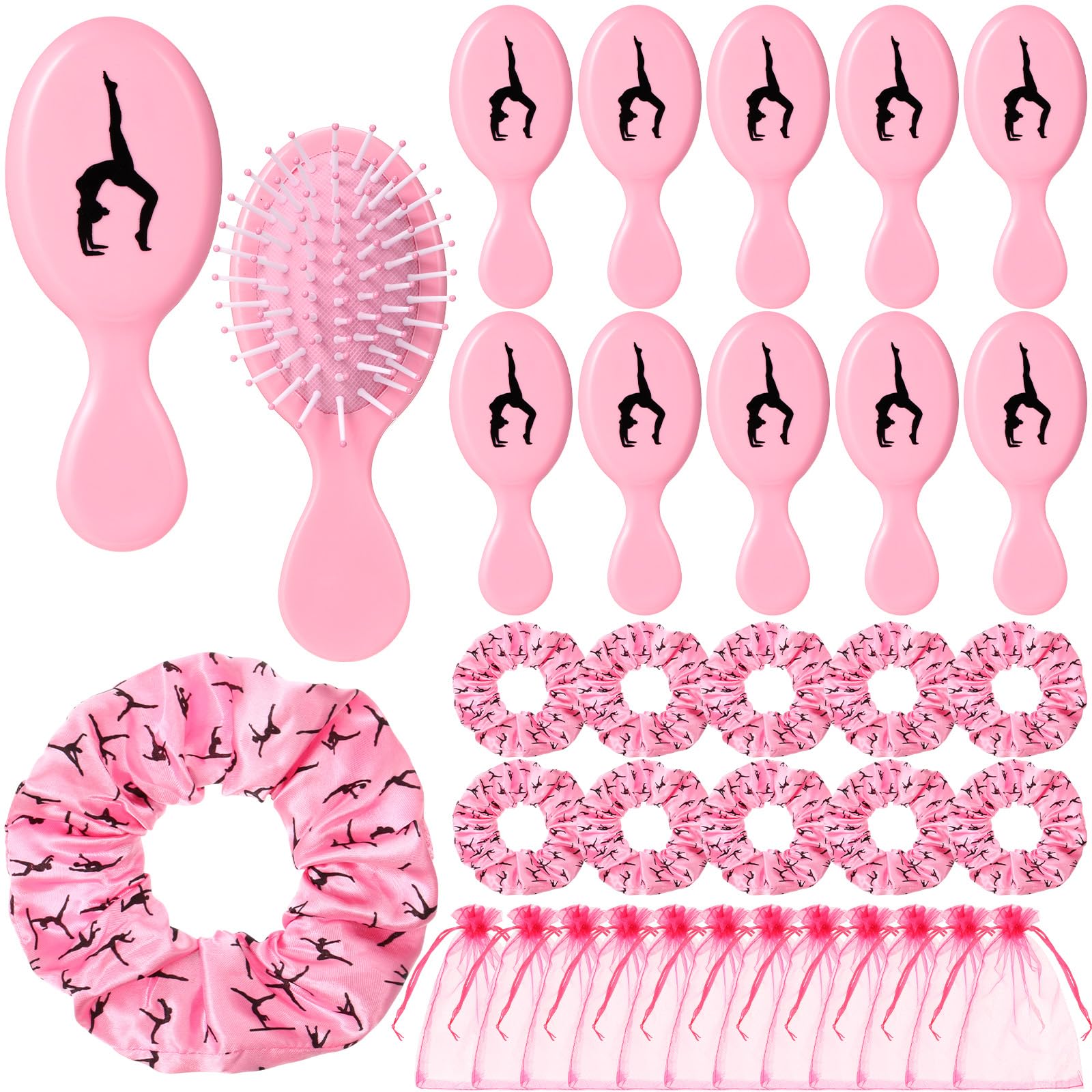 12 Sets Gymnastics Hair Ties and Hairbrushes Gymnastics Hair Scrunchie Mini Detangler Brush Sports Elastics Ponytail Holders Gymnastic Party Favors Gift for Gymnasts Teams Women Girls