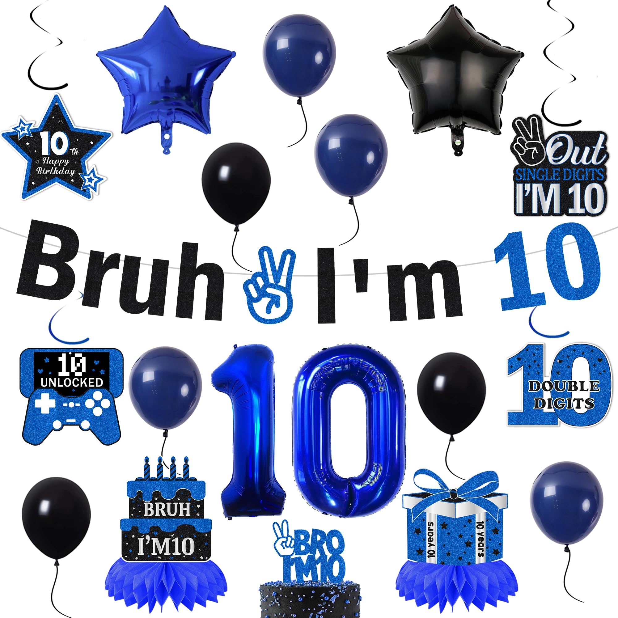 Bruh 10th Birthday Decorations for Boys - Bruh I'm 10 Banner Number Heart Balloons Honeycomb Centrepieces Cake Topper, Navy Blue Black Double Digits 10 Years Old Boys Party Supplies — image 1