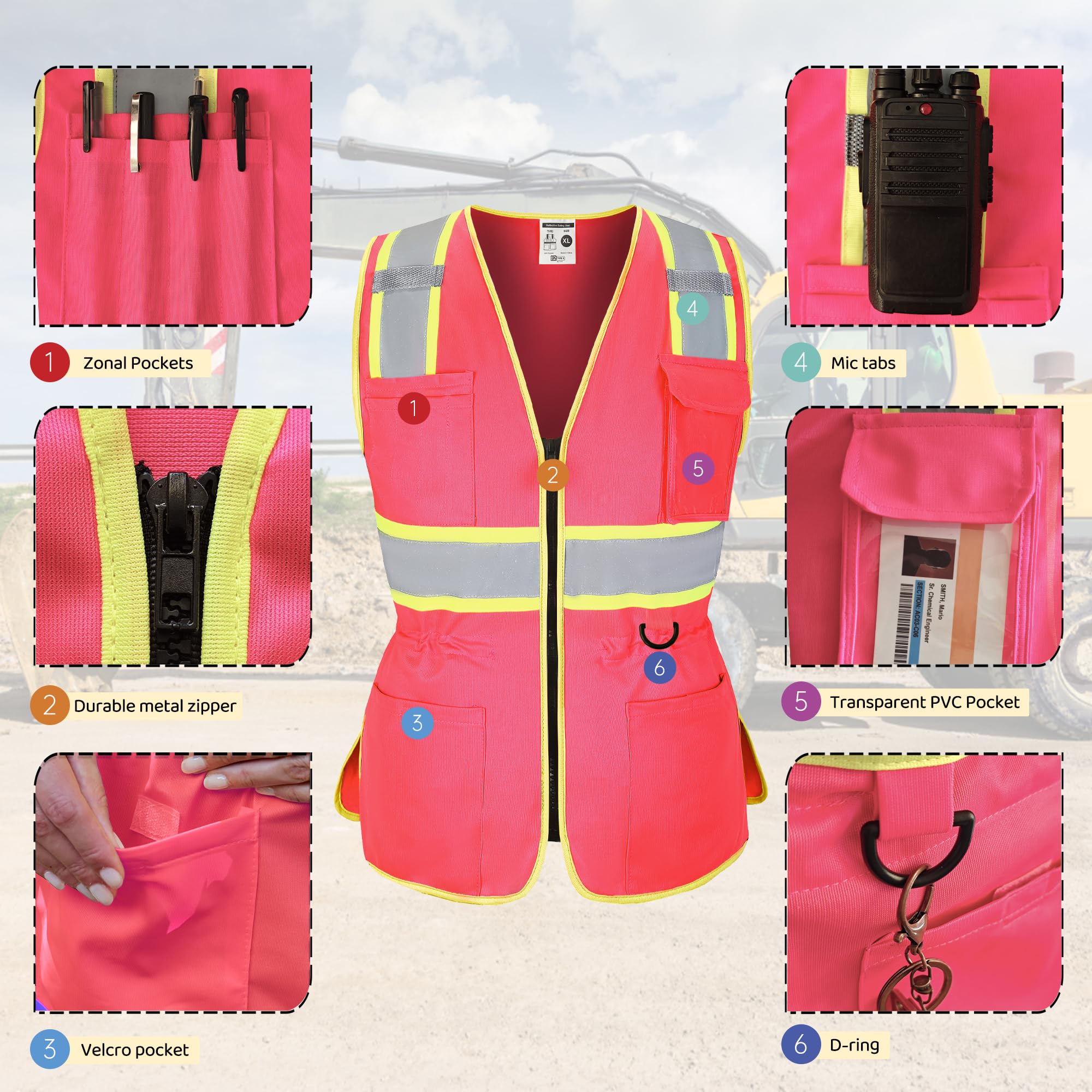 FATONE ANSI Klasse 2 Sicherheitsweste für Damen mit reflektierenden Streifen, Reißverschlusstaschen und verstellbarem Bund – Pink/Gelb – Arbeitsweste für den Bau